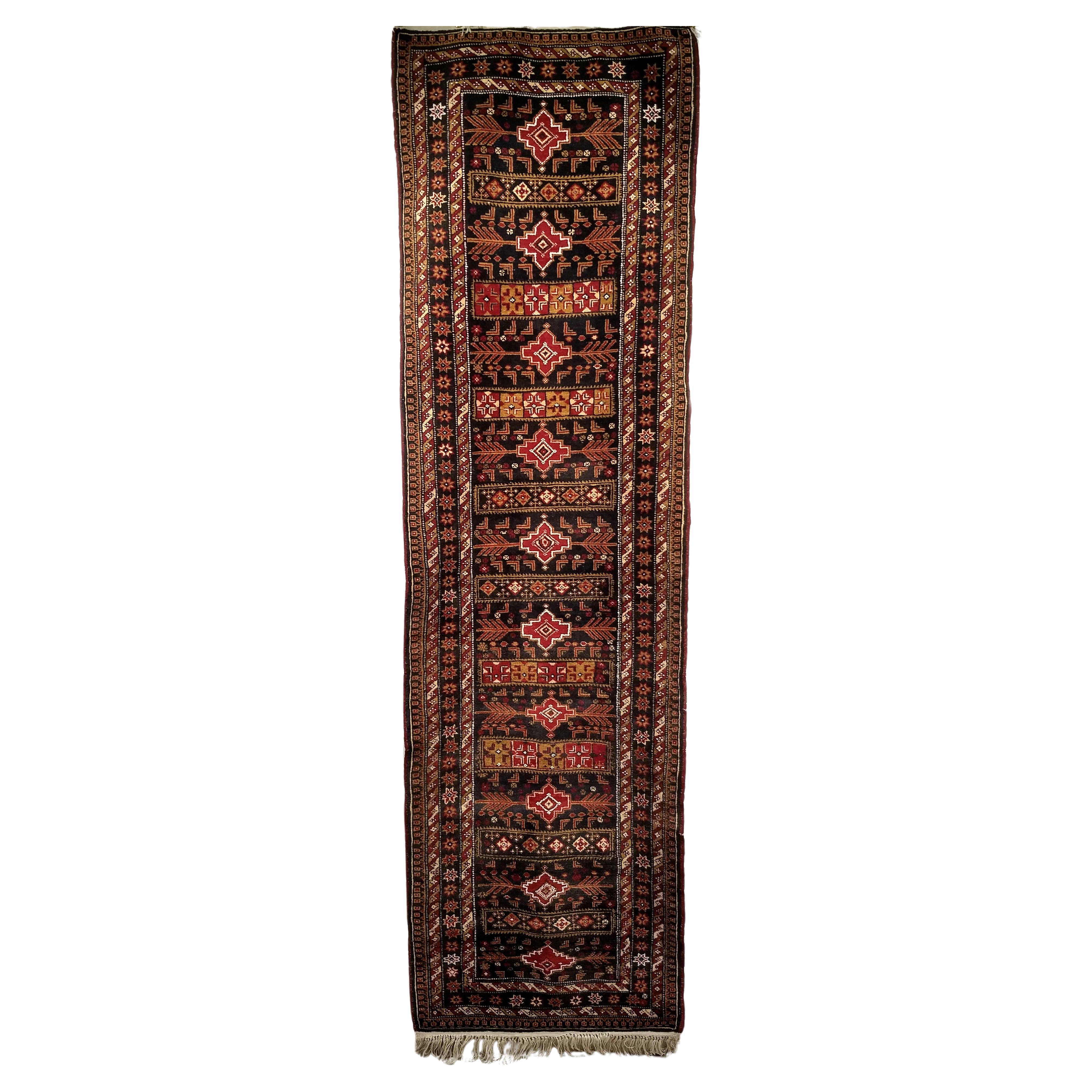 Vintage Afghan Tribal Runner in Geometric Pattern in Blue, Red, Gold, Ivory For Sale