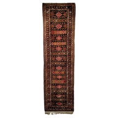 Tapis de couloir tribal afghan vintage à motif géométrique en bleu, rouge, or, ivoire