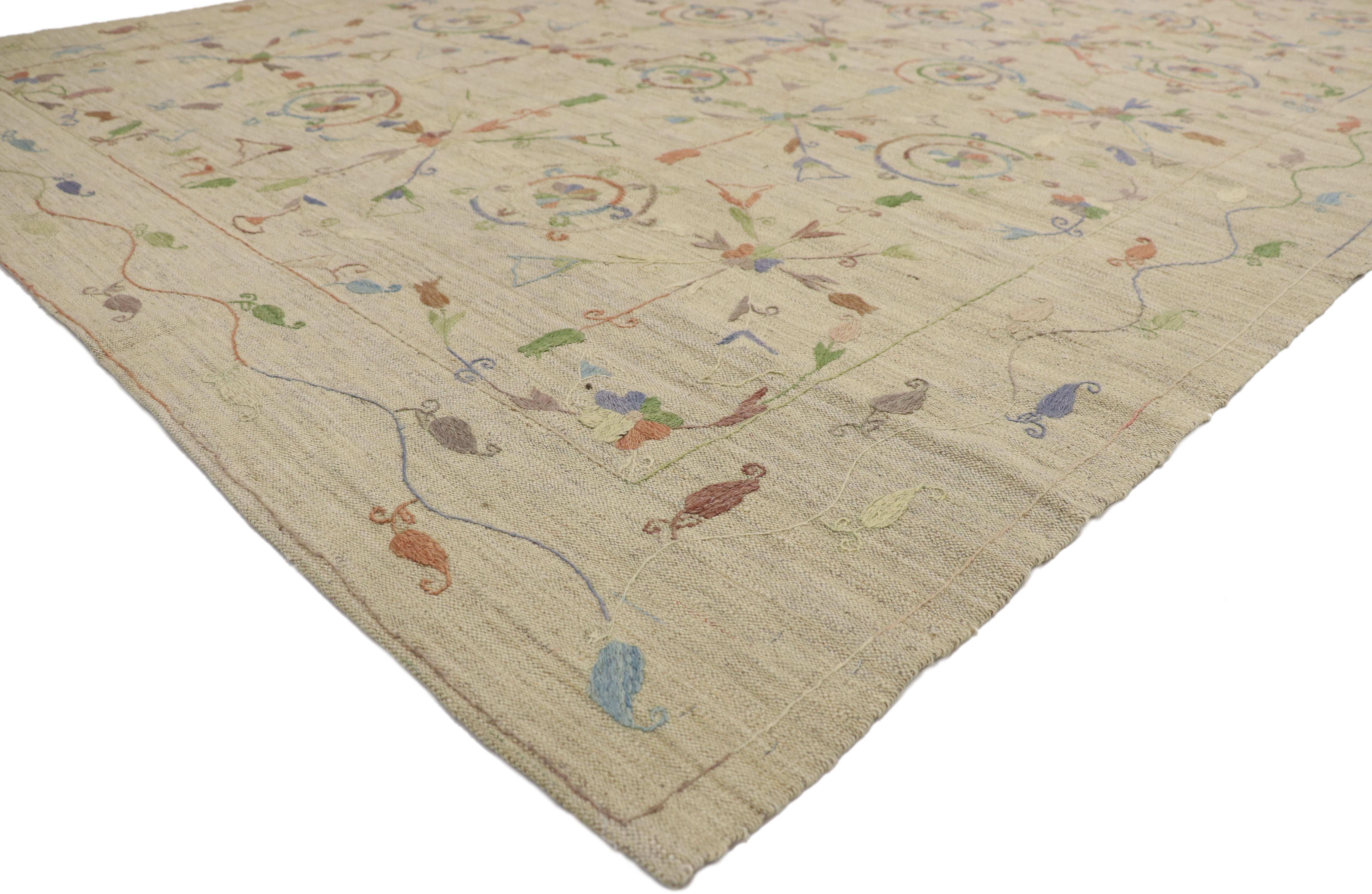 80112, vintage Afghan Uzbek Suzani embroidered Kilim rug with Bohemian style. This handwoven wool vintage Afghani Uzbek Suzani kilim rug features an embroidered bohemian style. The Suzani style kilim rug displays an alternating pattern of circles