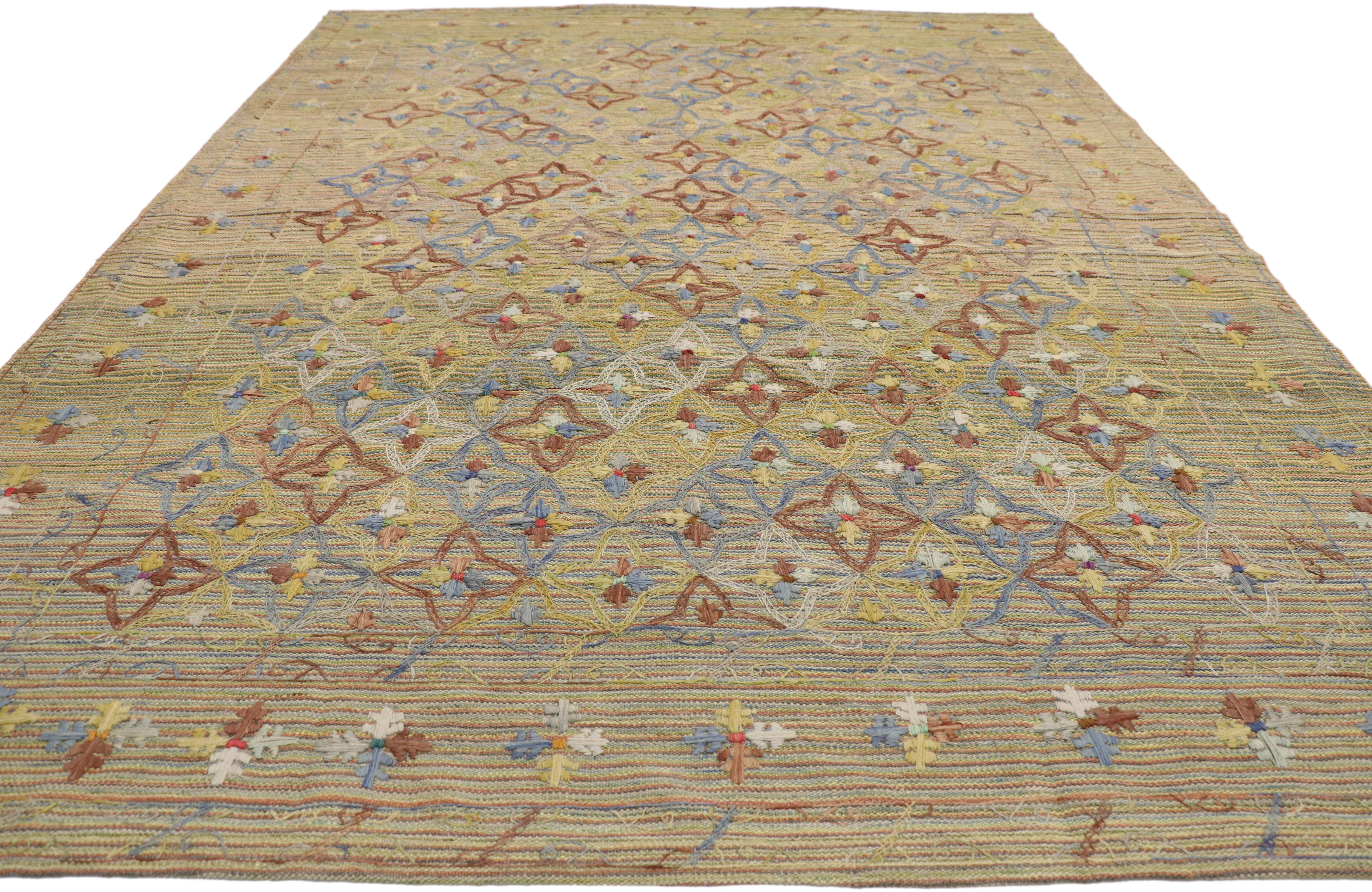 Hand-Woven Vintage Afghan Uzbek Suzani Embroidered Kilim Rug with Bohemian Style For Sale