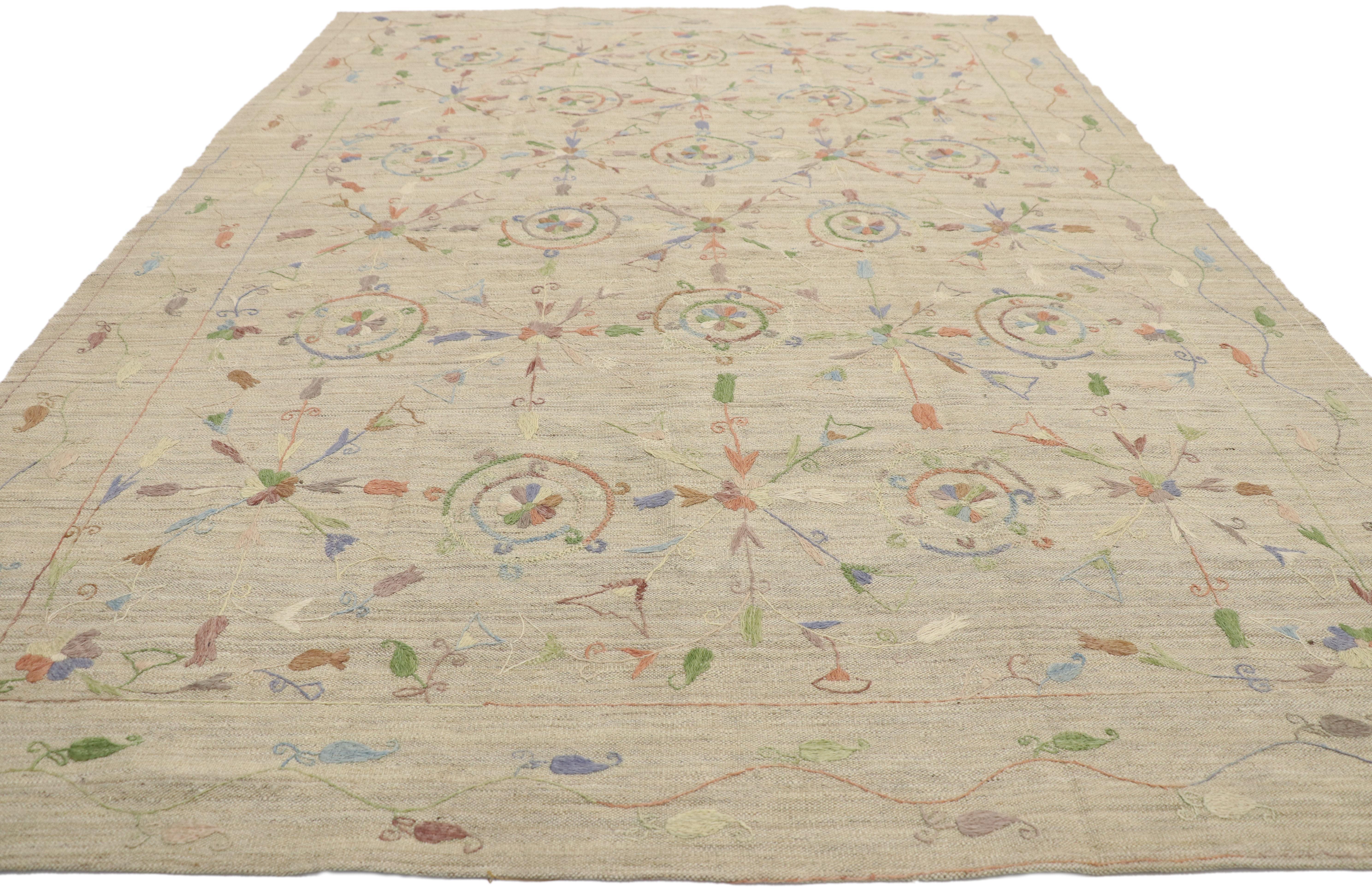 Hand-Woven Vintage Afghan Uzbek Suzani Embroidered Kilim Rug with Bohemian Style For Sale