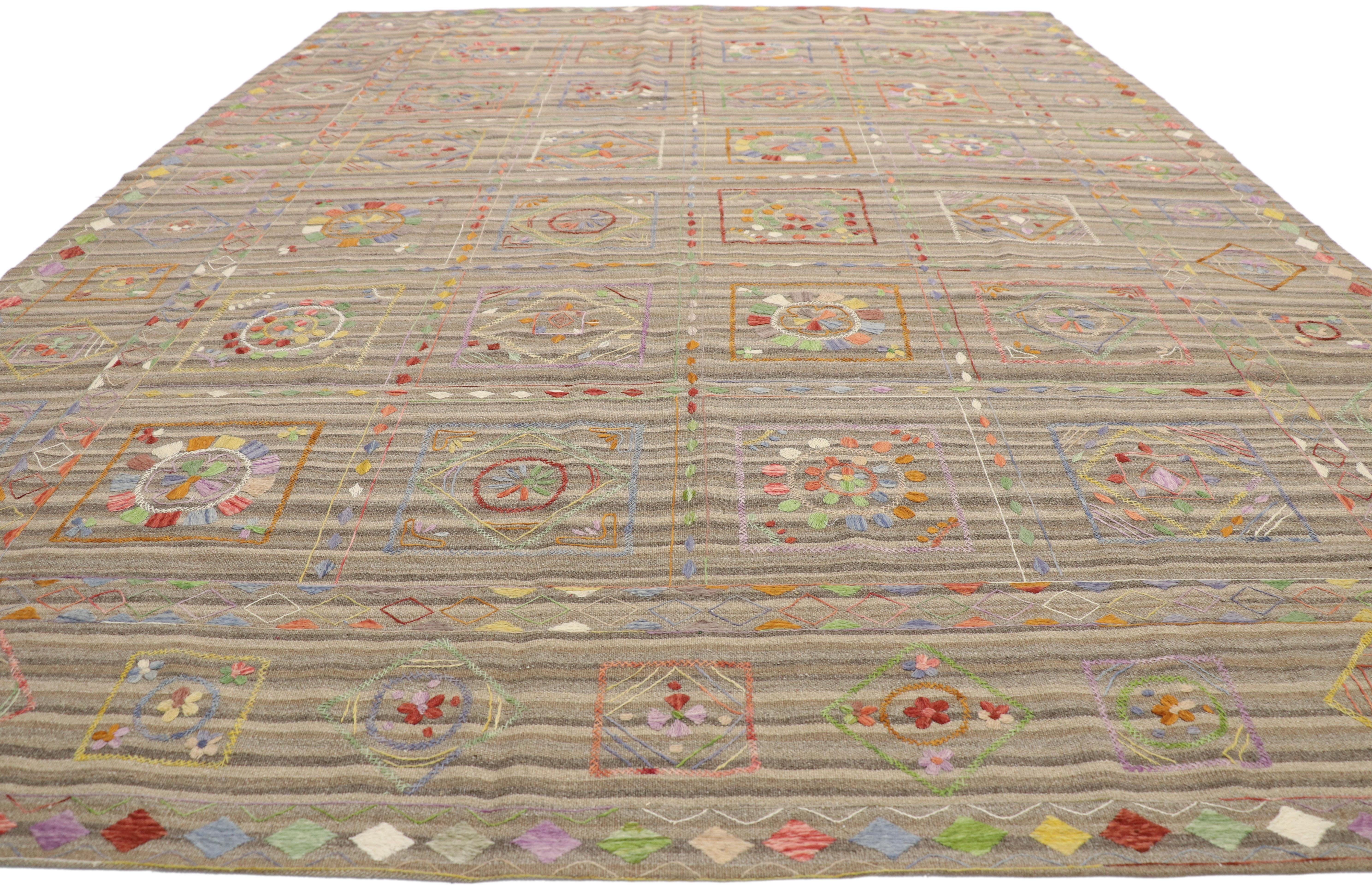 Hand-Woven Vintage Afghan Uzbek Suzani Embroidered Kilim Rug with Bohemian Style For Sale