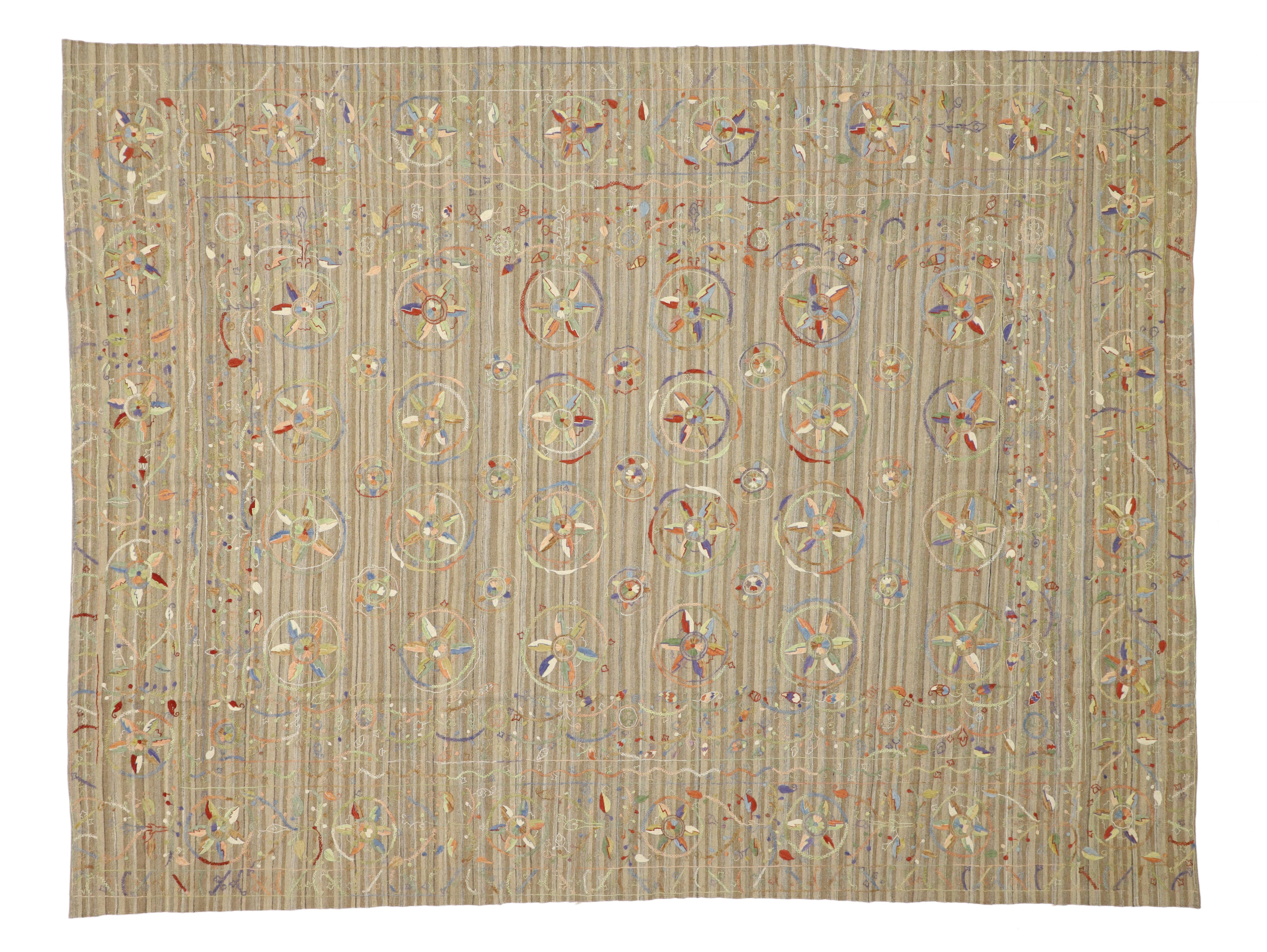 Wool Vintage Afghan Uzbek Suzani Embroidered Kilim Rug with Bohemian Style For Sale