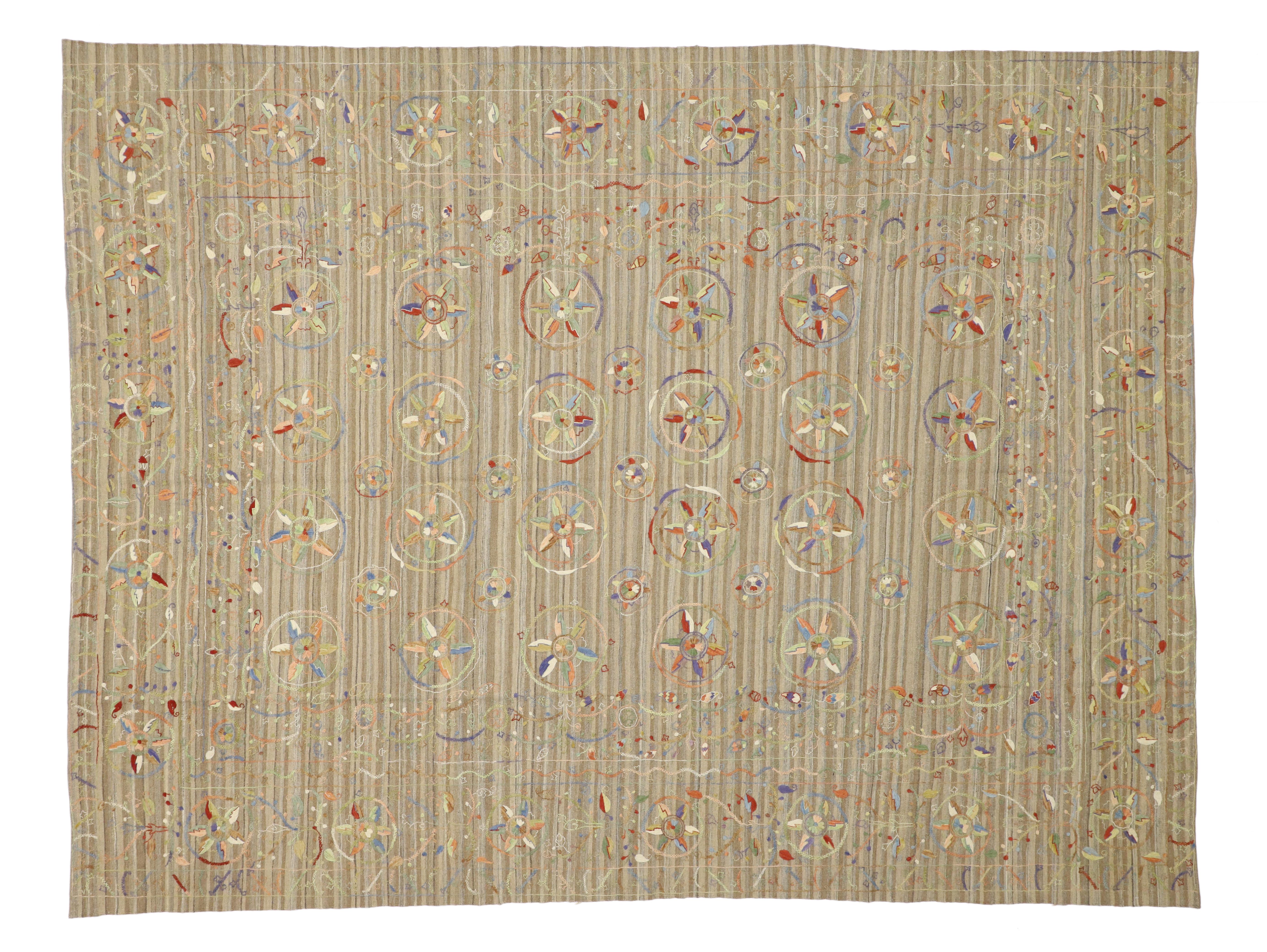 Wool Vintage Afghan Uzbek Suzani Embroidered Kilim Rug with Bohemian Style For Sale
