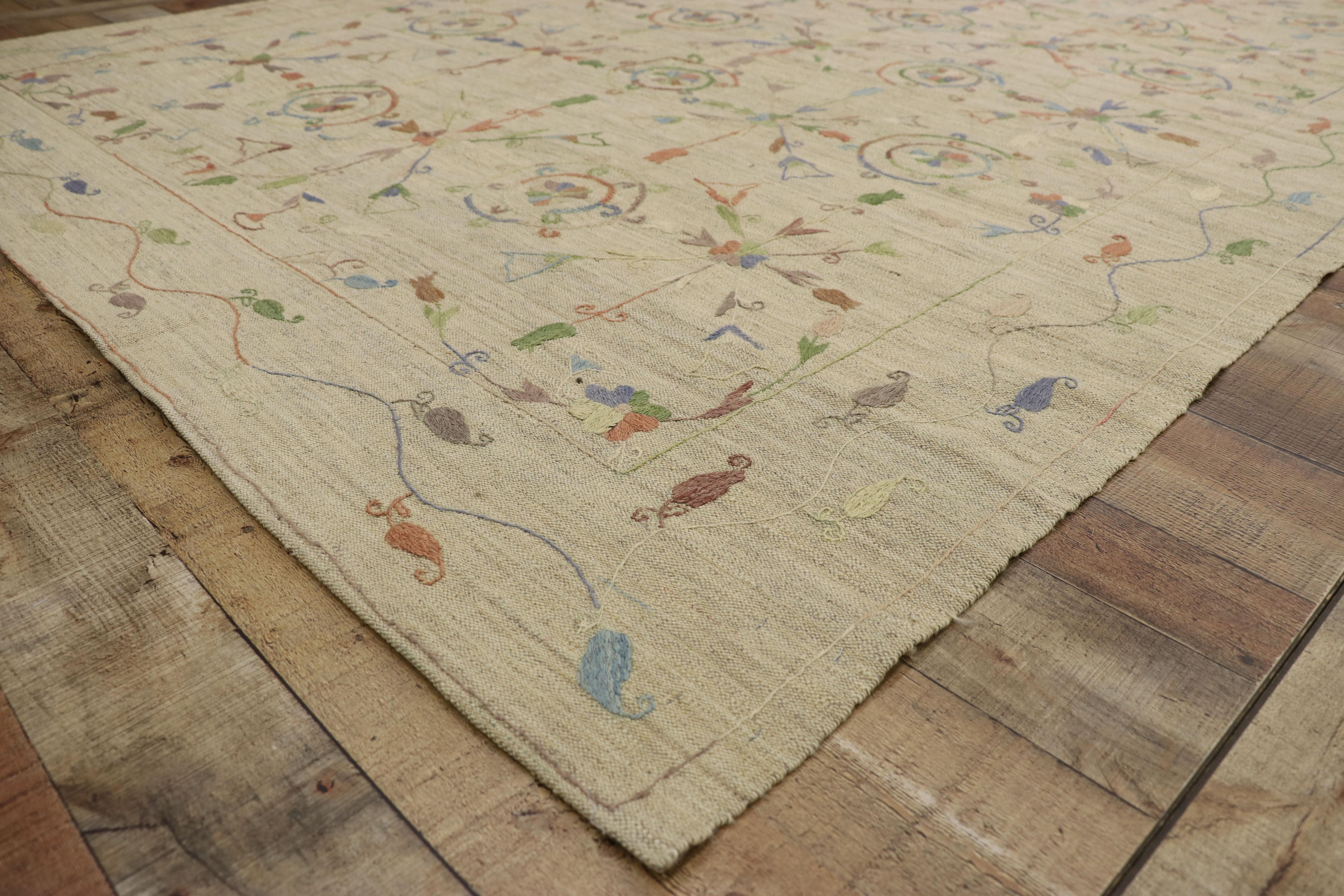 Wool Vintage Afghan Uzbek Suzani Embroidered Kilim Rug with Bohemian Style For Sale