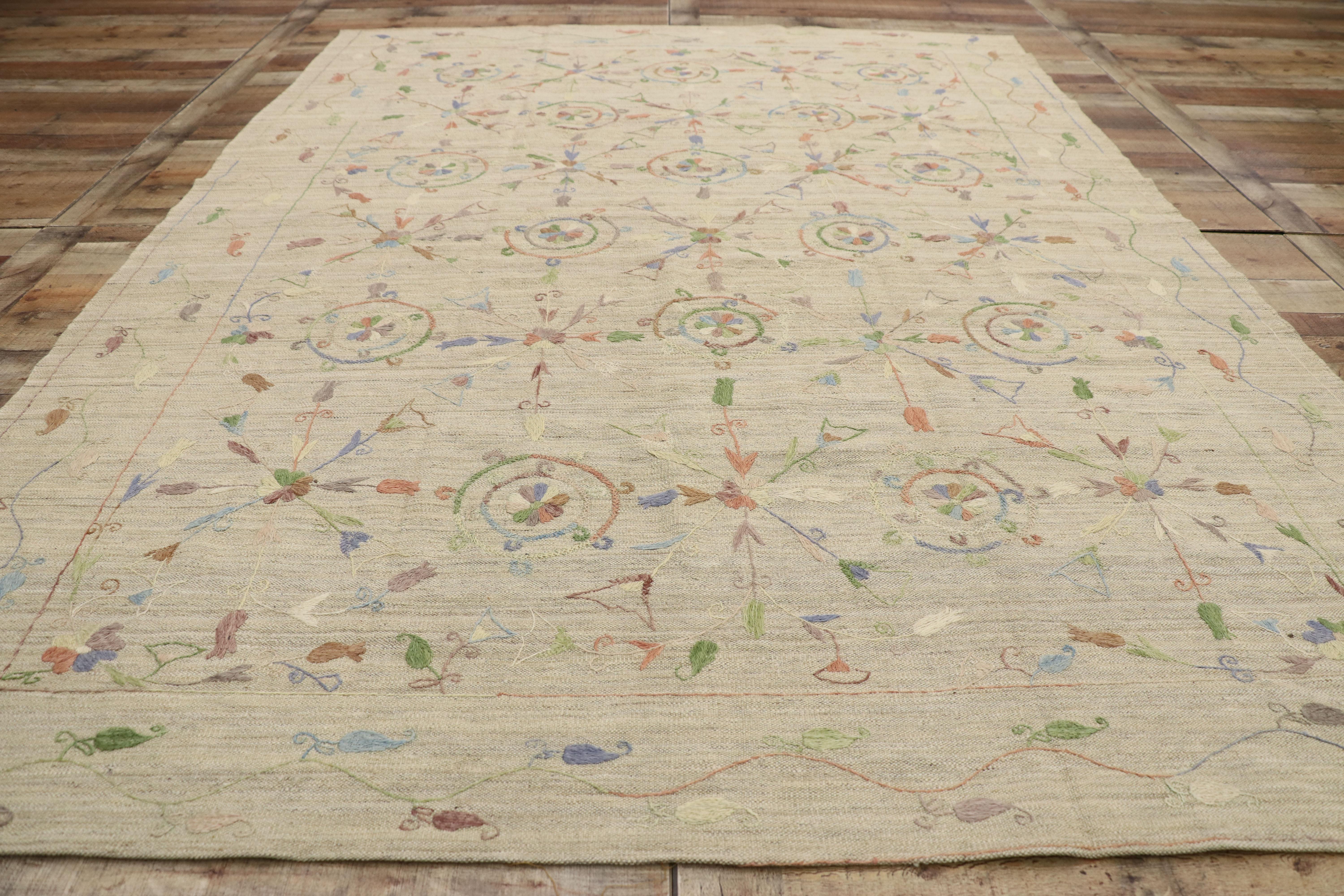 Vintage Afghan Uzbek Suzani Embroidered Kilim Rug with Bohemian Style For Sale 1