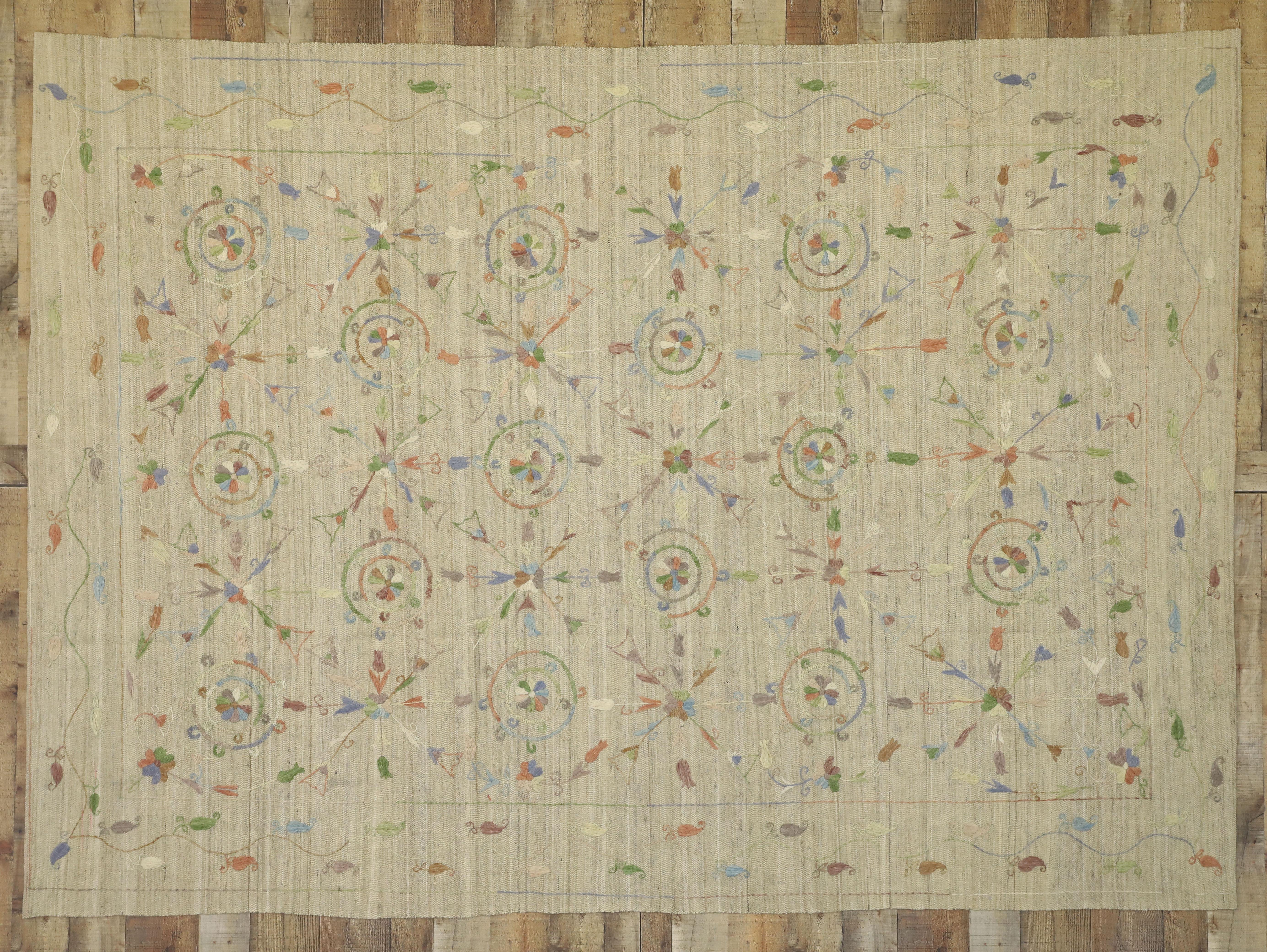 Vintage Afghan Uzbek Suzani Embroidered Kilim Rug with Bohemian Style For Sale 2