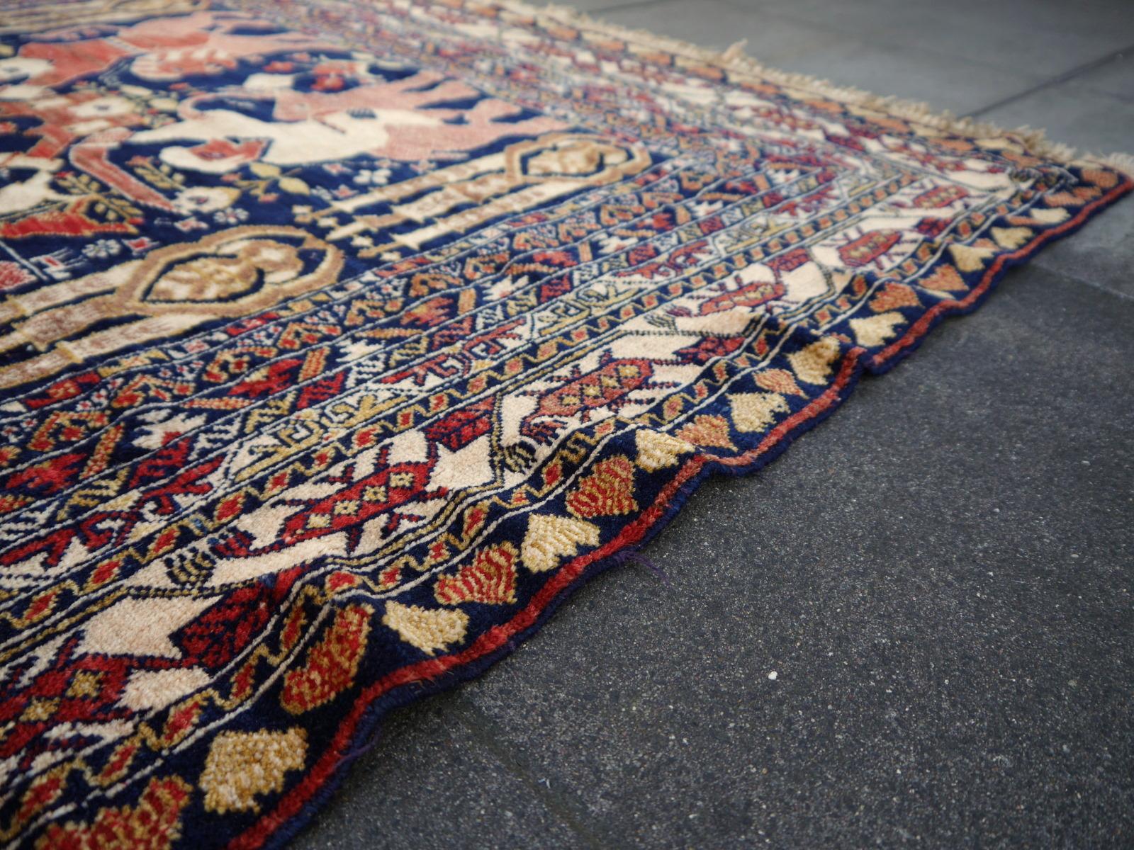 Vintage Afghan War Rug with Figural Pictorial Lions Elephants Warriors 6 x 4 ft 5