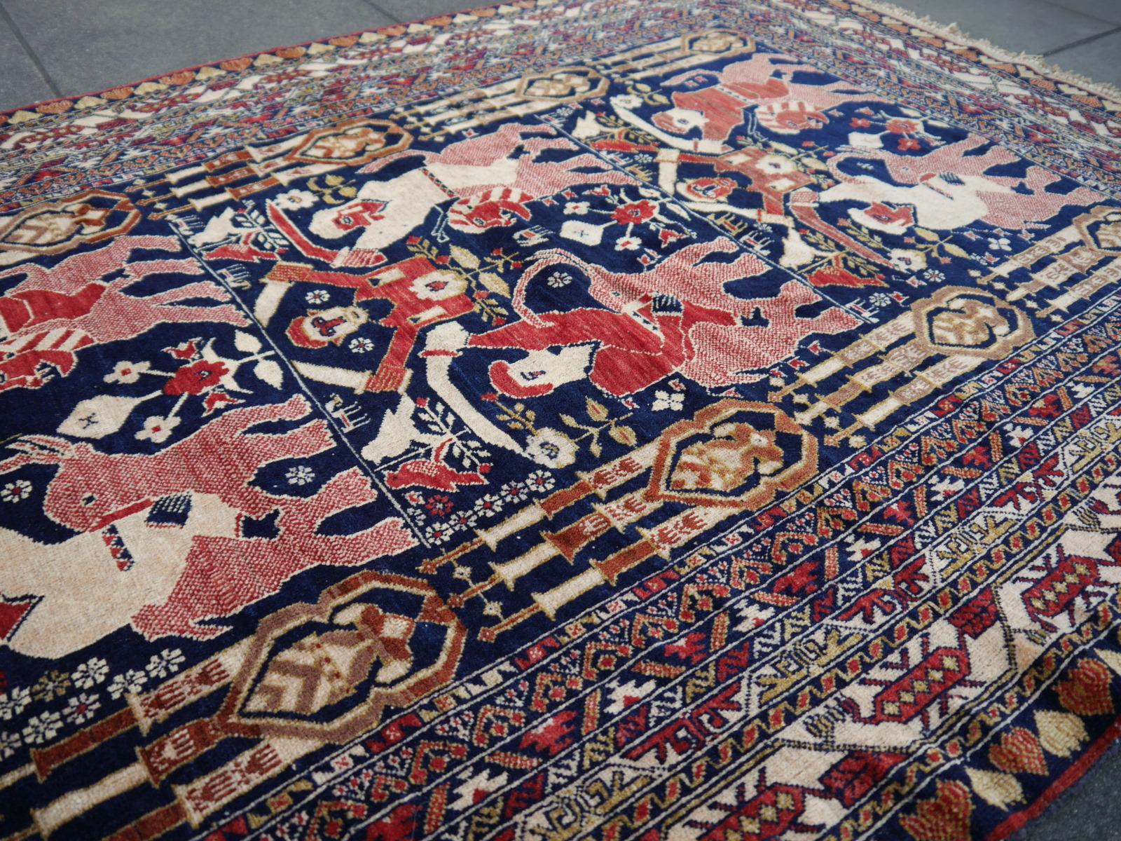 Vintage Afghan War Rug with Figural Pictorial Lions Elephants Warriors 6 x 4 ft 9