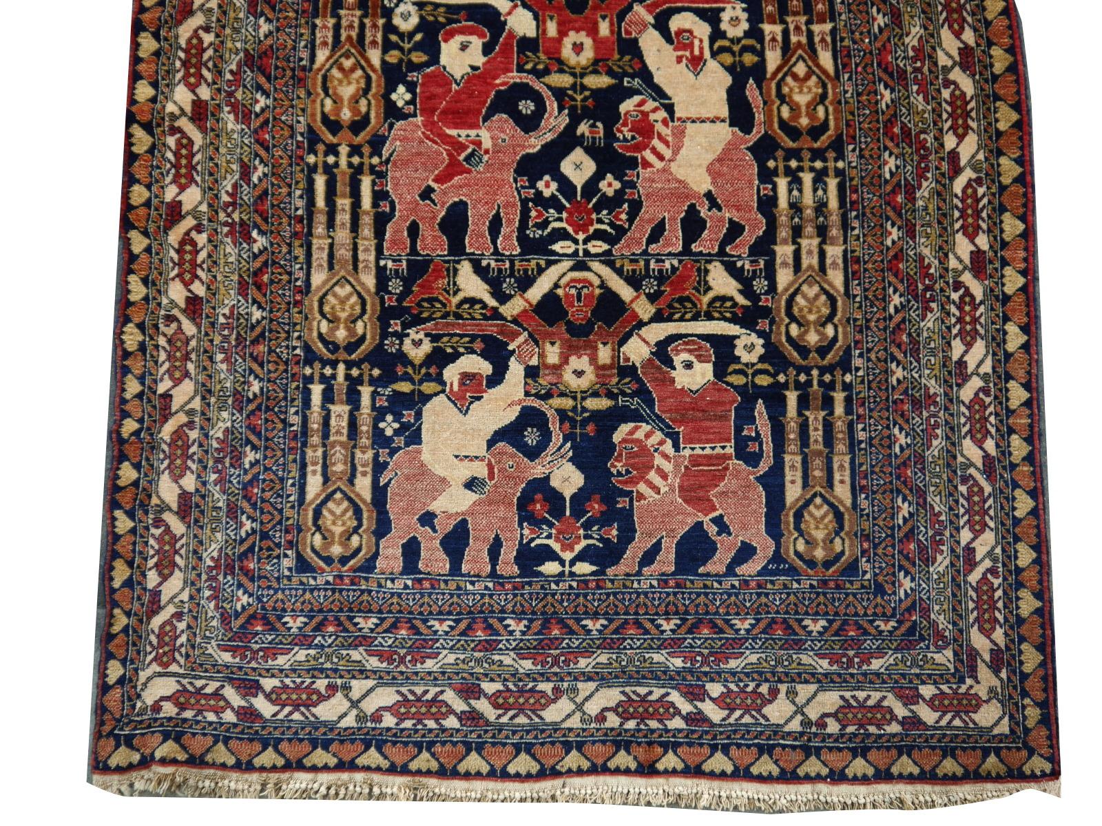 Tribal Vintage Afghan War Rug with Figural Pictorial Lions Elephants Warriors 6 x 4 ft