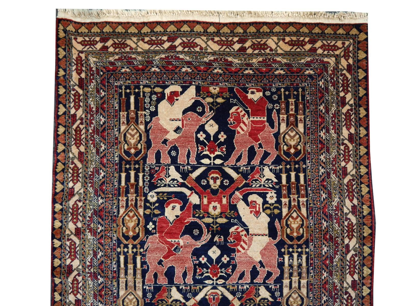 Hand-Knotted Vintage Afghan War Rug with Figural Pictorial Lions Elephants Warriors 6 x 4 ft