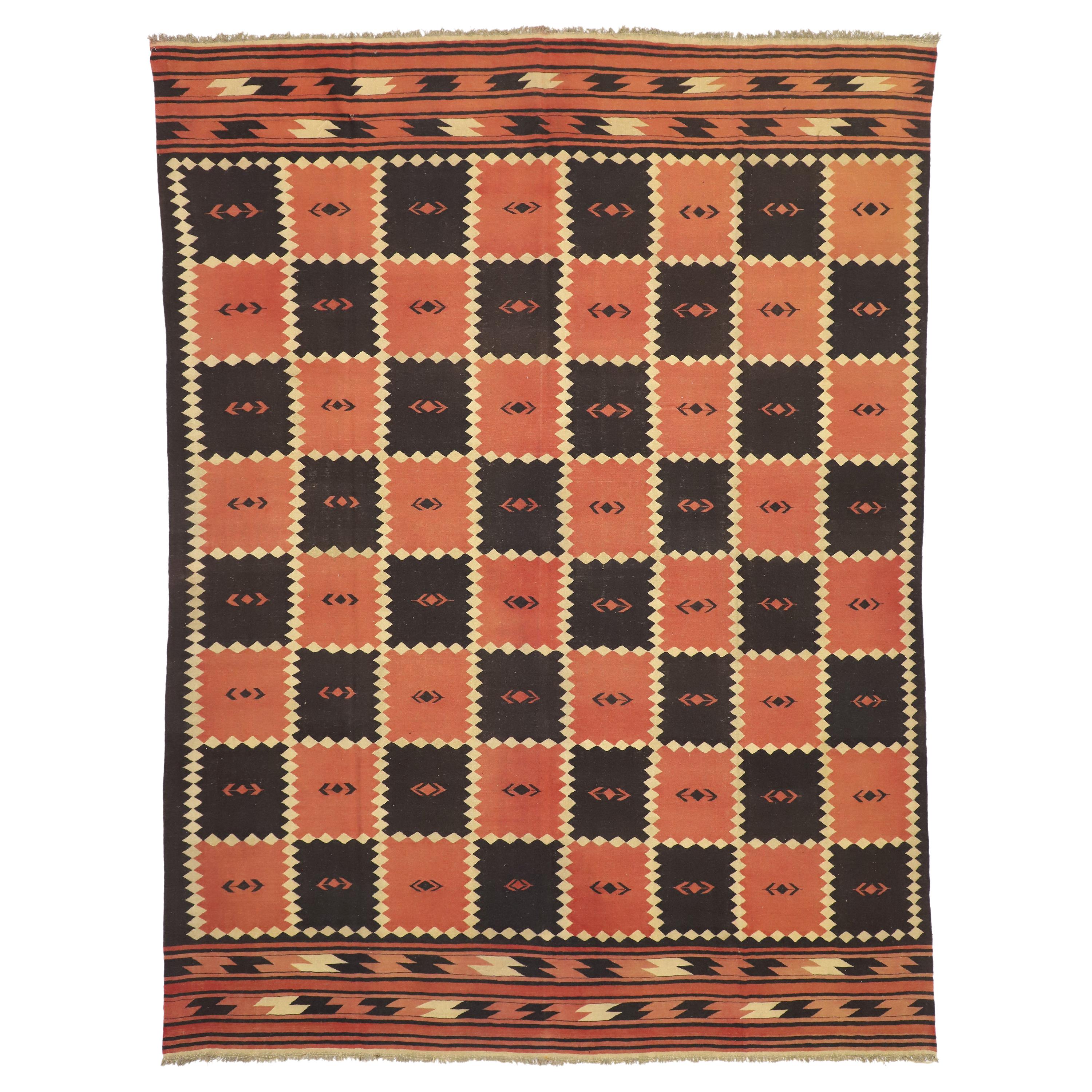 Vintage Afghani Kilim Rug with Checkerboard Design and Modern Tribal Style