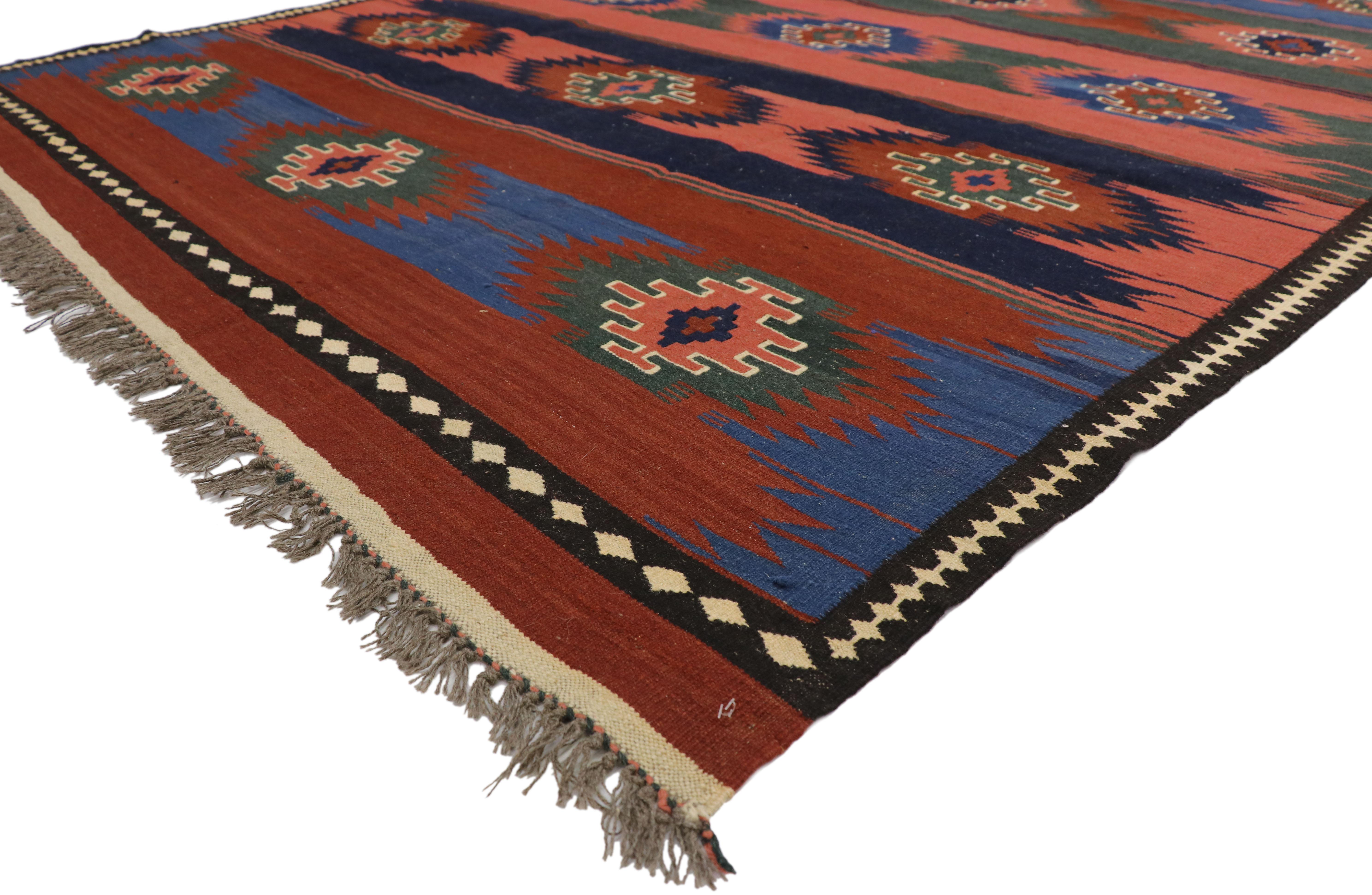 72157, vintage Afghani Kilim rug with Southwestern Navajo Native American style. This handwoven wool vintage Afghani kilim rug with Southwestern Navajo style features six rows of three amulets with stepped edges. Each amulet is filled with a