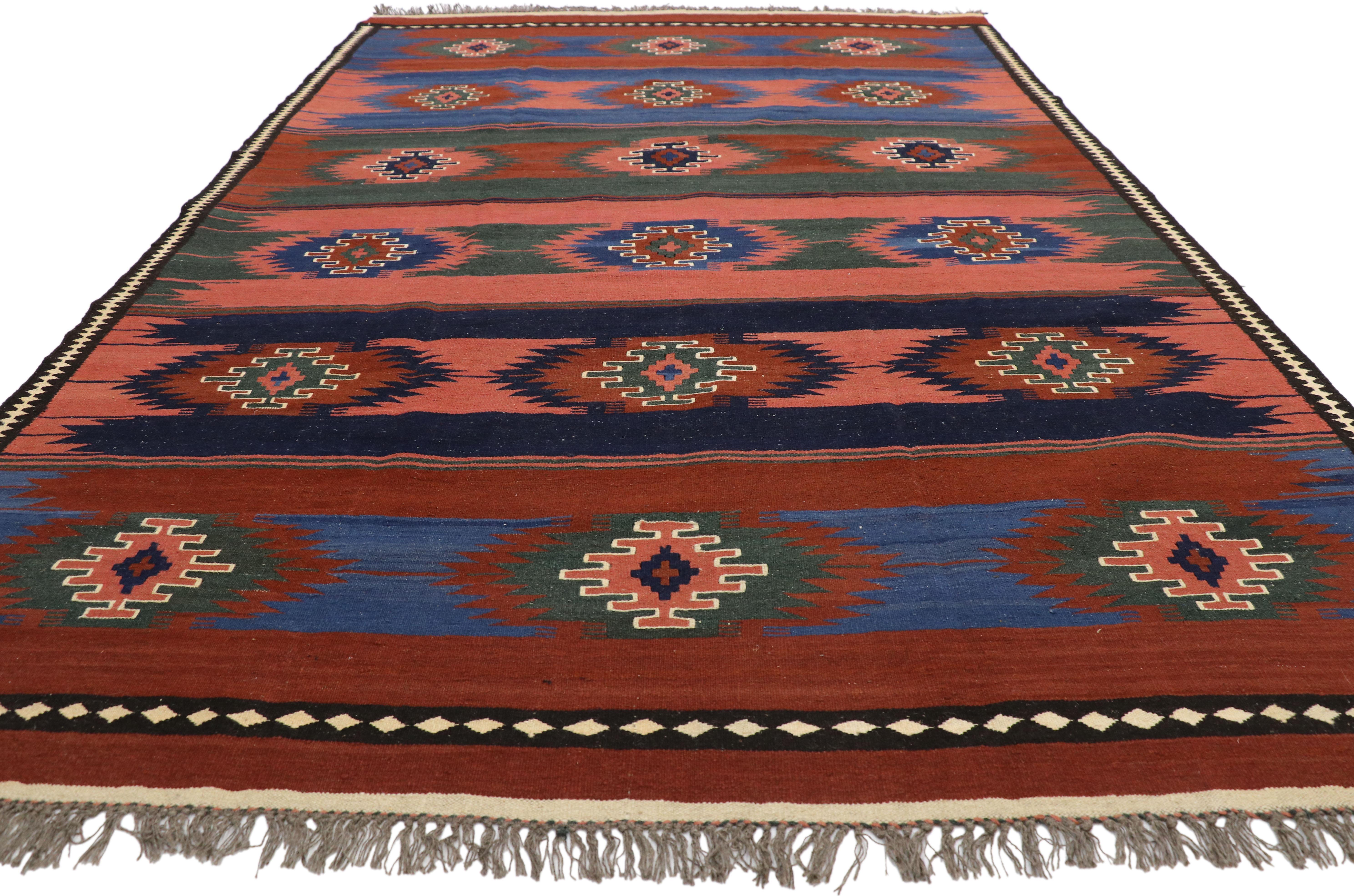Hand-Woven Vintage Afghani Kilim Rug with Southwestern Navajo Native American Style