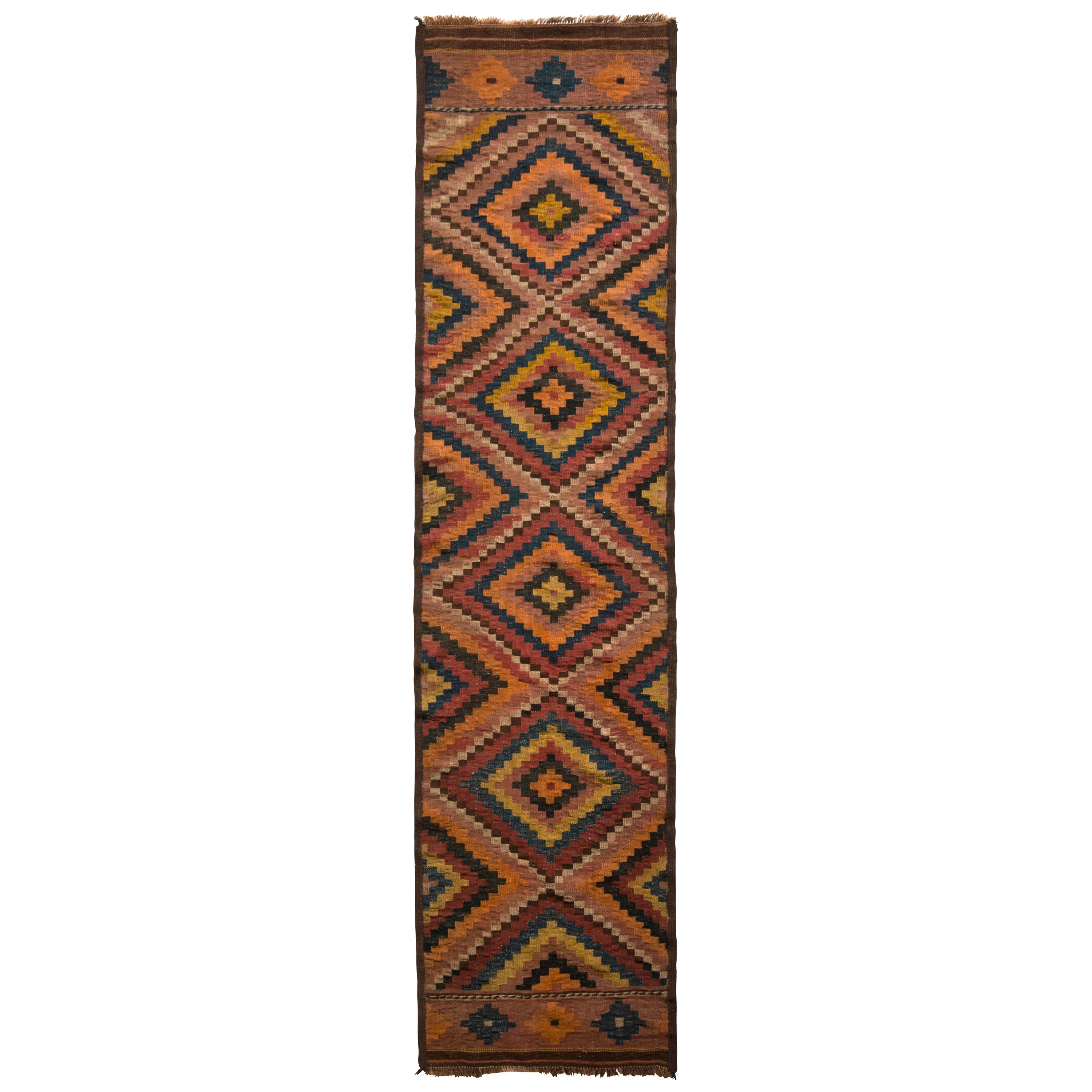 Vintage Afghani Kilim Runner Orange Diamond Pattern Tribal Rug by Rug & Kilim For Sale