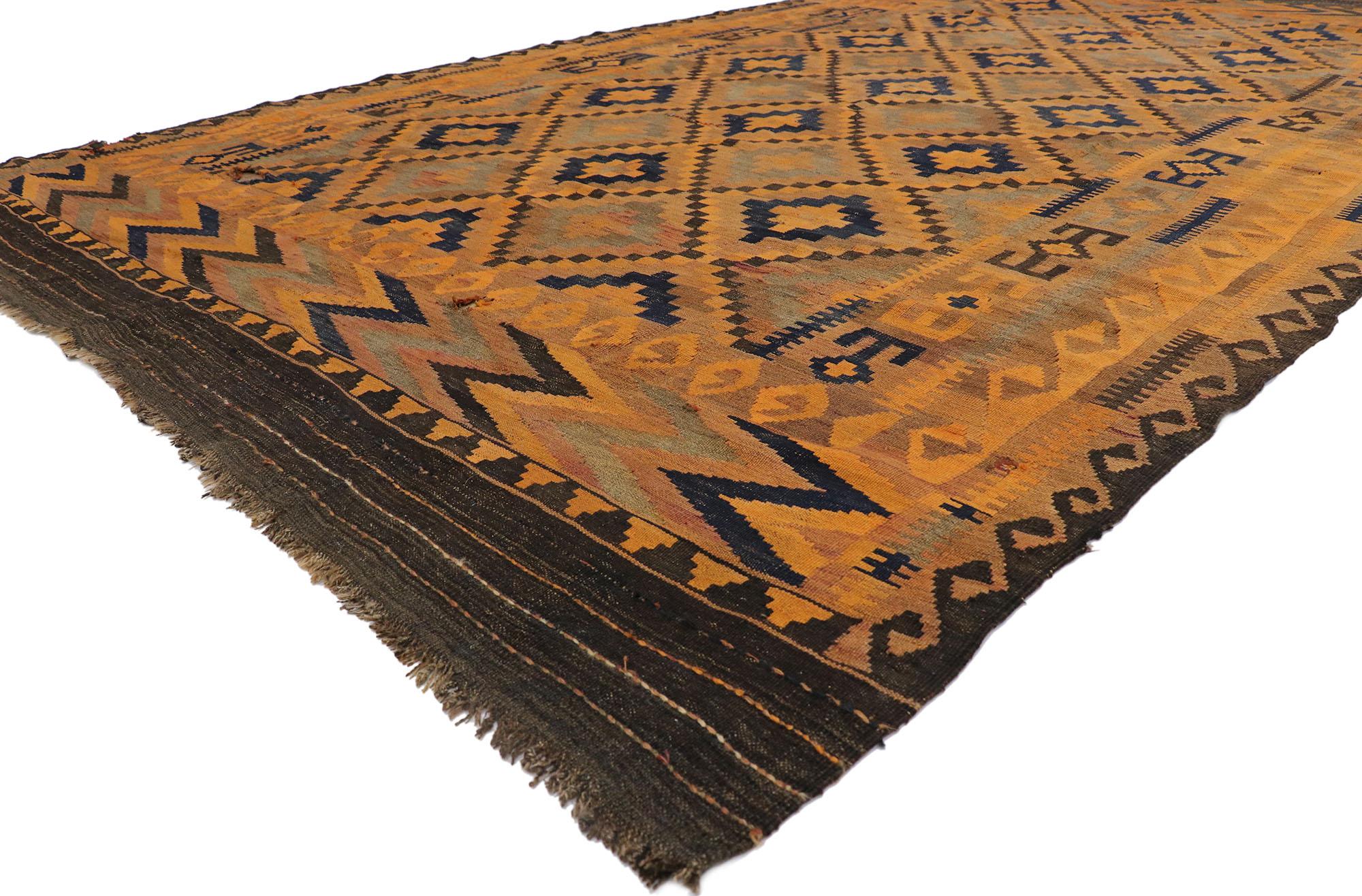 78038 Vintage Afghani Maimana Kilim rug with Mid-Century Modern Style 08'03 x 14'03. Full of tiny details and a bold expressive design combined with vibrant colors and tribal style, this hand-woven wool vintage Afghani Maimana kilim rug is a