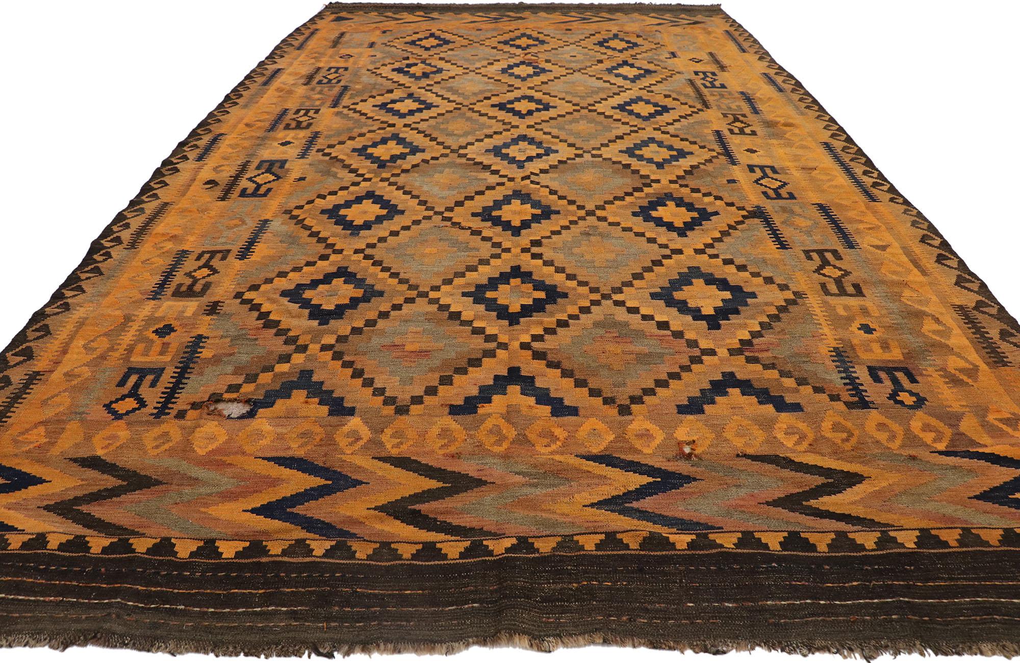 Hand-Woven Vintage Afghani Maimana Kilim Rug with Mid-Century Modern Style