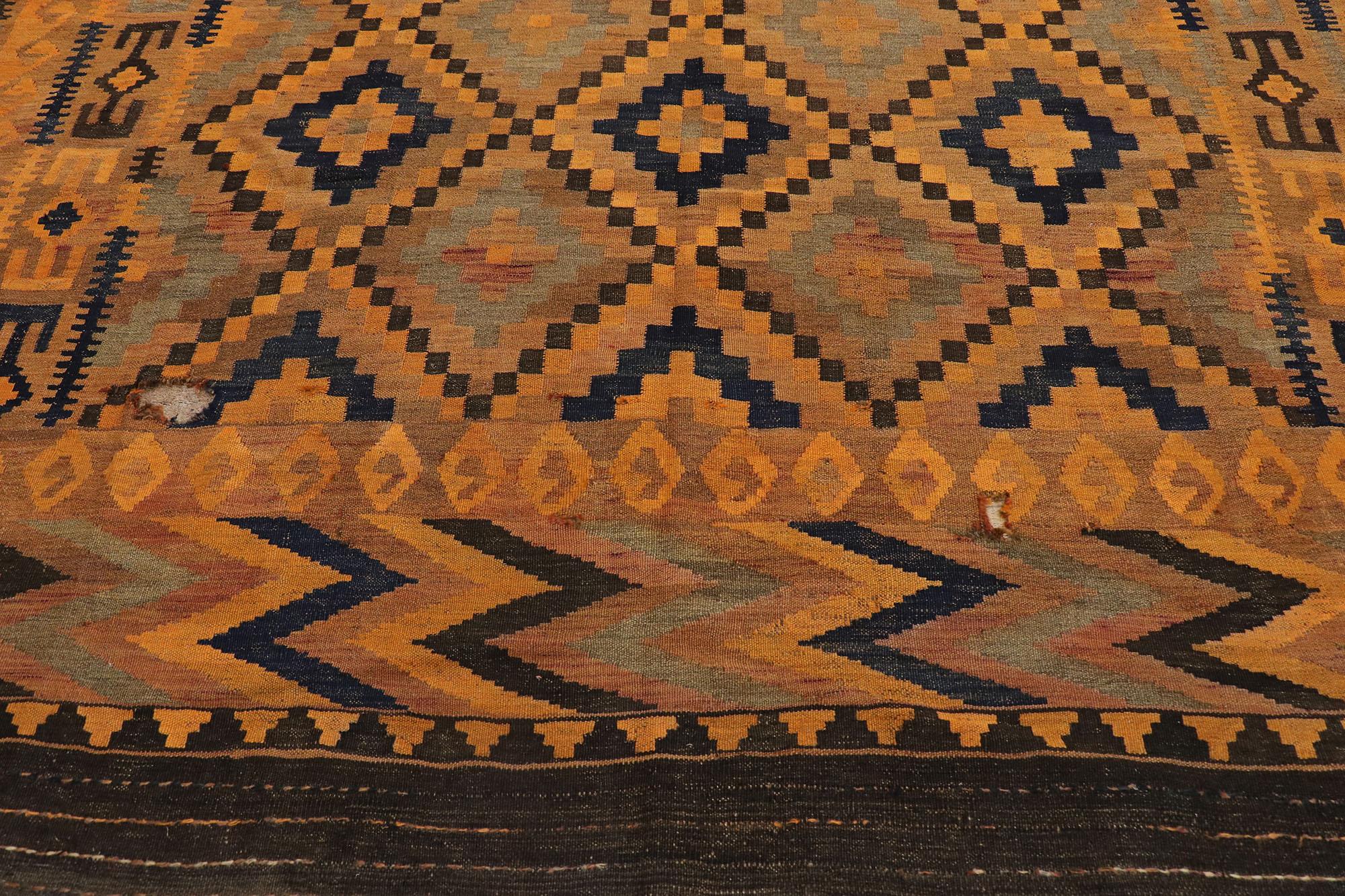 Vintage Afghani Maimana Kilim Rug with Mid-Century Modern Style In Fair Condition In Dallas, TX