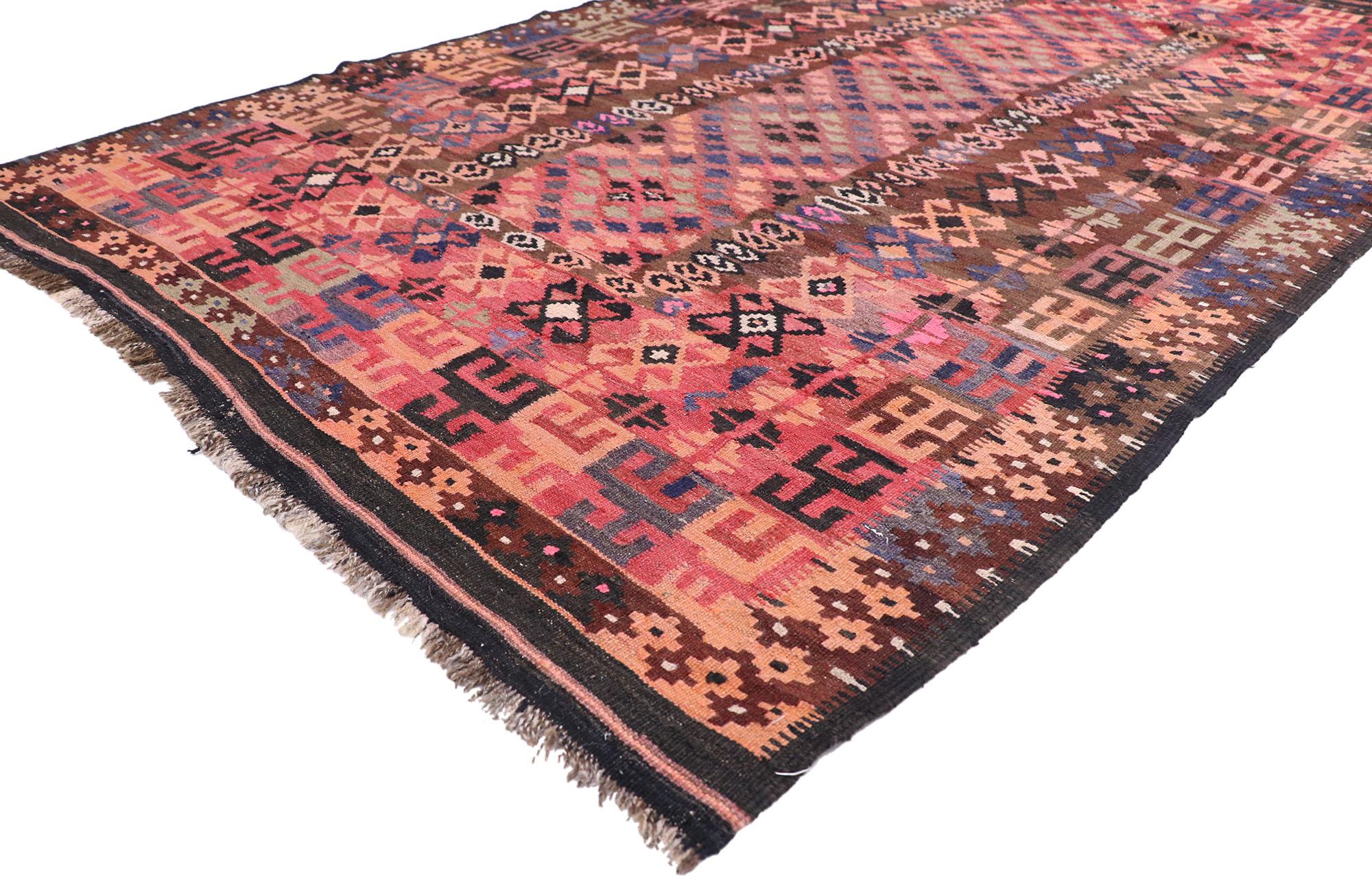 77928 Vintage Afghan Maimana Kilim Rug, 05'04 x 08'11. Embark on a journey through bohemian charm, where the fusion of Modern Desert aesthetics and contemporary Santa Fe style with a Southwest influence transforms this handwoven vintage Maimana