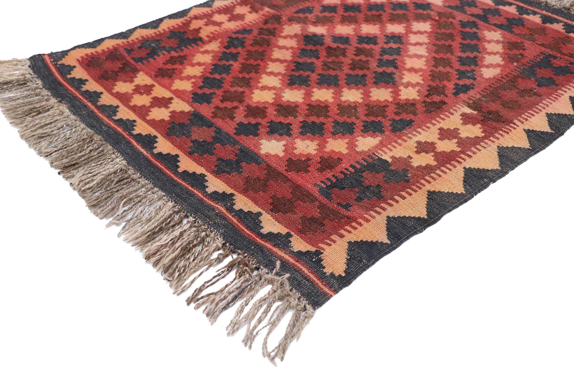 77883 Vintage Afghani Maimana Kilim rug with modern Tribal style 02'05 x 03'02. Full of tiny details and a bold expressive design combined with vibrant colors and tribal style, this hand-woven wool vintage Afghani Maimana kilim rug is a captivating
