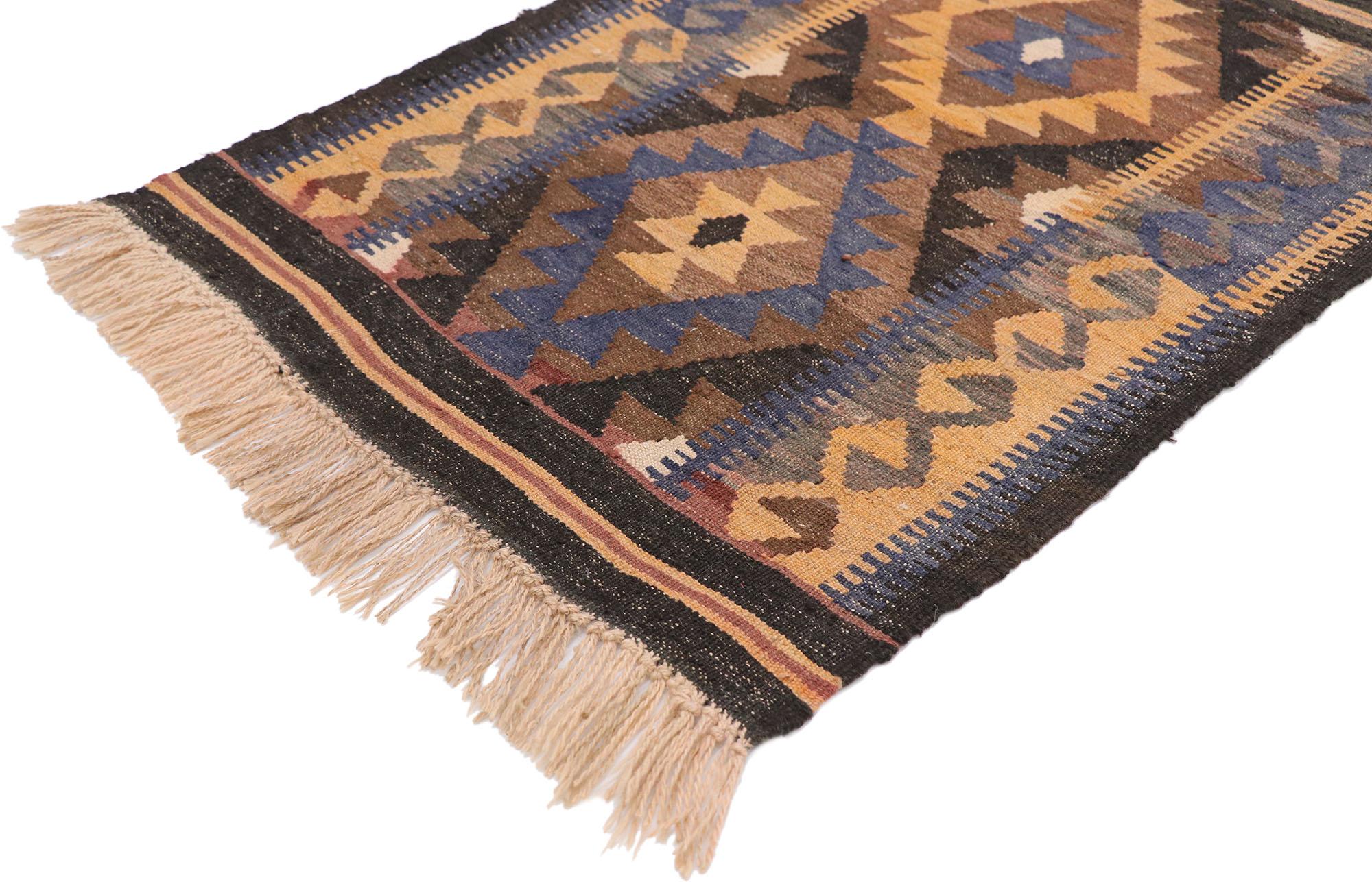 77876 Vintage Afghani Maimana Kilim rug with Modern Tribal Style 02'04 x 03'04. Full of tiny details and a bold expressive design combined with vibrant colors and tribal style, this hand-woven wool vintage Afghani Maimana kilim rug is a captivating