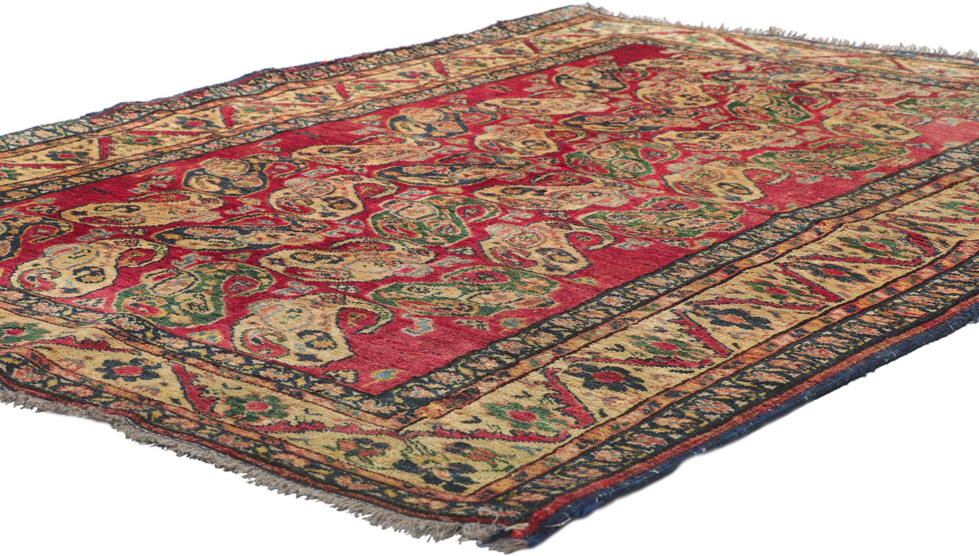 78228 Vintage Afghani Rug, 04'04 x 05'08. This hand-knotted wool vintage Afghani rug features an all-over geometric pattern composed of boteh motifs. Desirable Age Wear. Abrash. Hand-knotted wool. Made in Afghanistan.