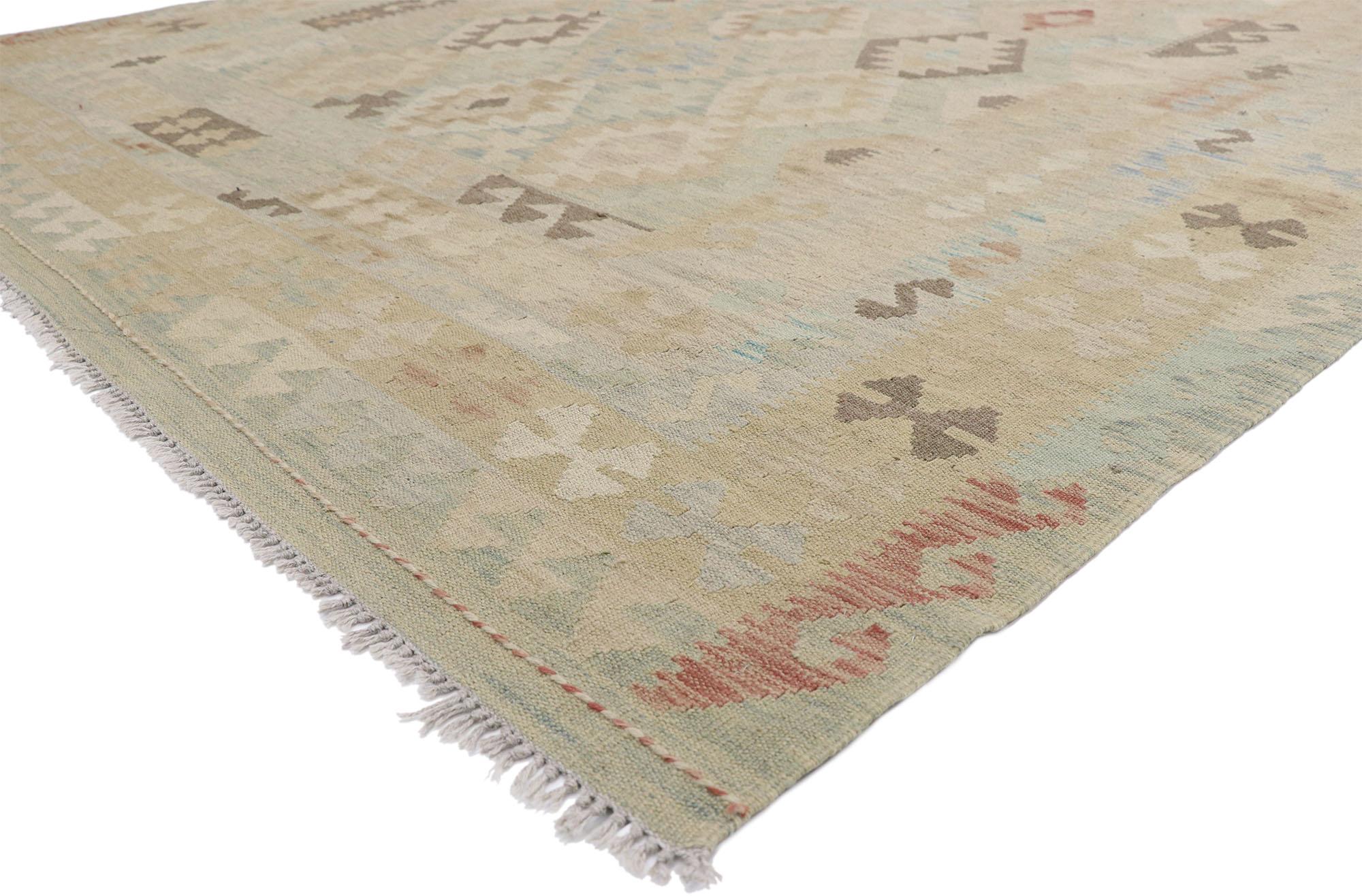 80118 Vintage Afghani Kilim Rug, 06'08 x 09'09. In this handwoven wool vintage Afghan kilim rug, Contemporary Santa Fe Design intertwines with Organic Modern style, forming a harmonious fusion that pays homage to the rich cultural heritage of Santa