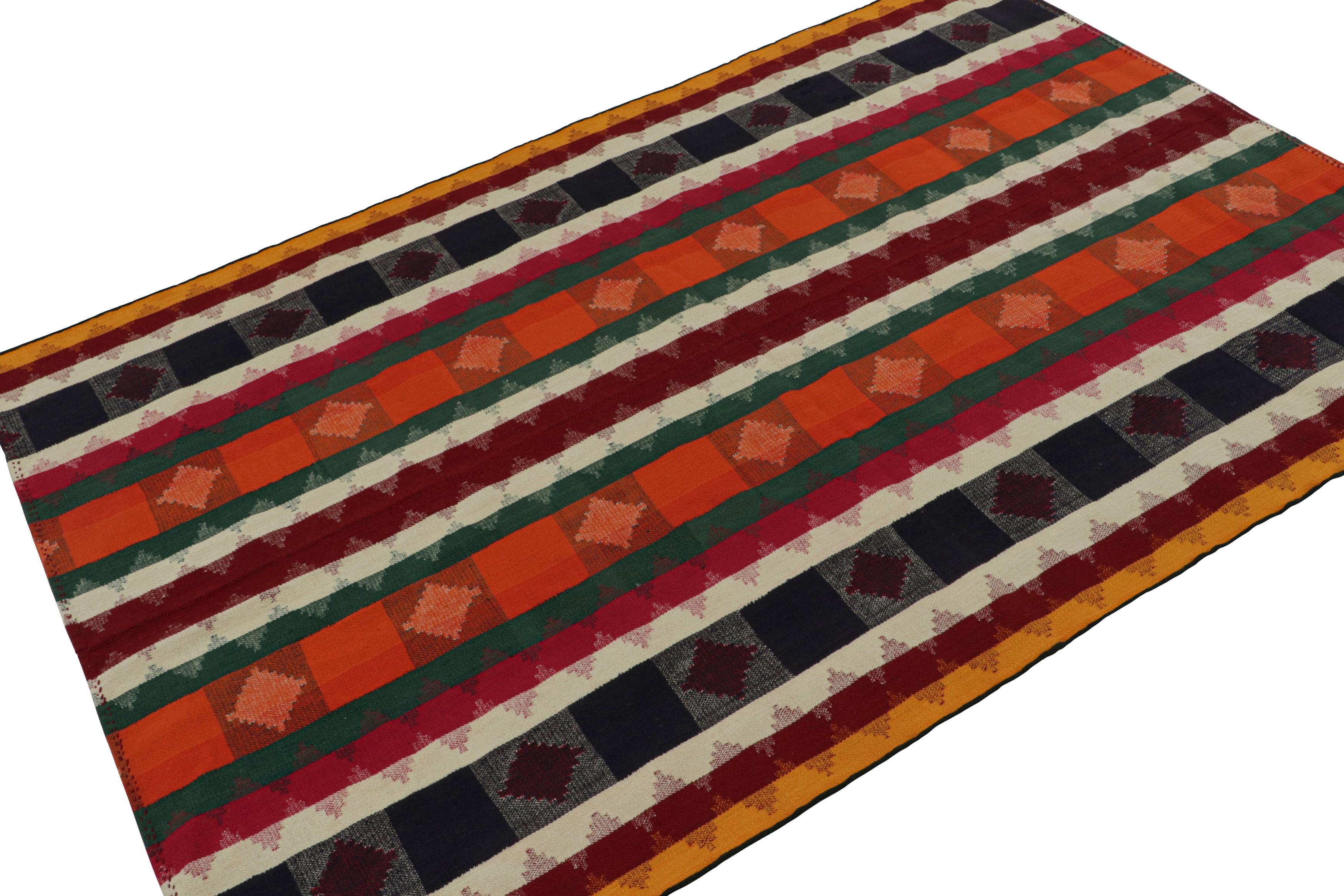 Handwoven in wool, circa 1950-1960, this 5x7 vintage Afghan tribal kilim rug, is a quintessential tribal Kilim and a one-of-a-kind piece alike. Its design features a play of stripes and geometric patterns in its particular geometric pattern. 

On