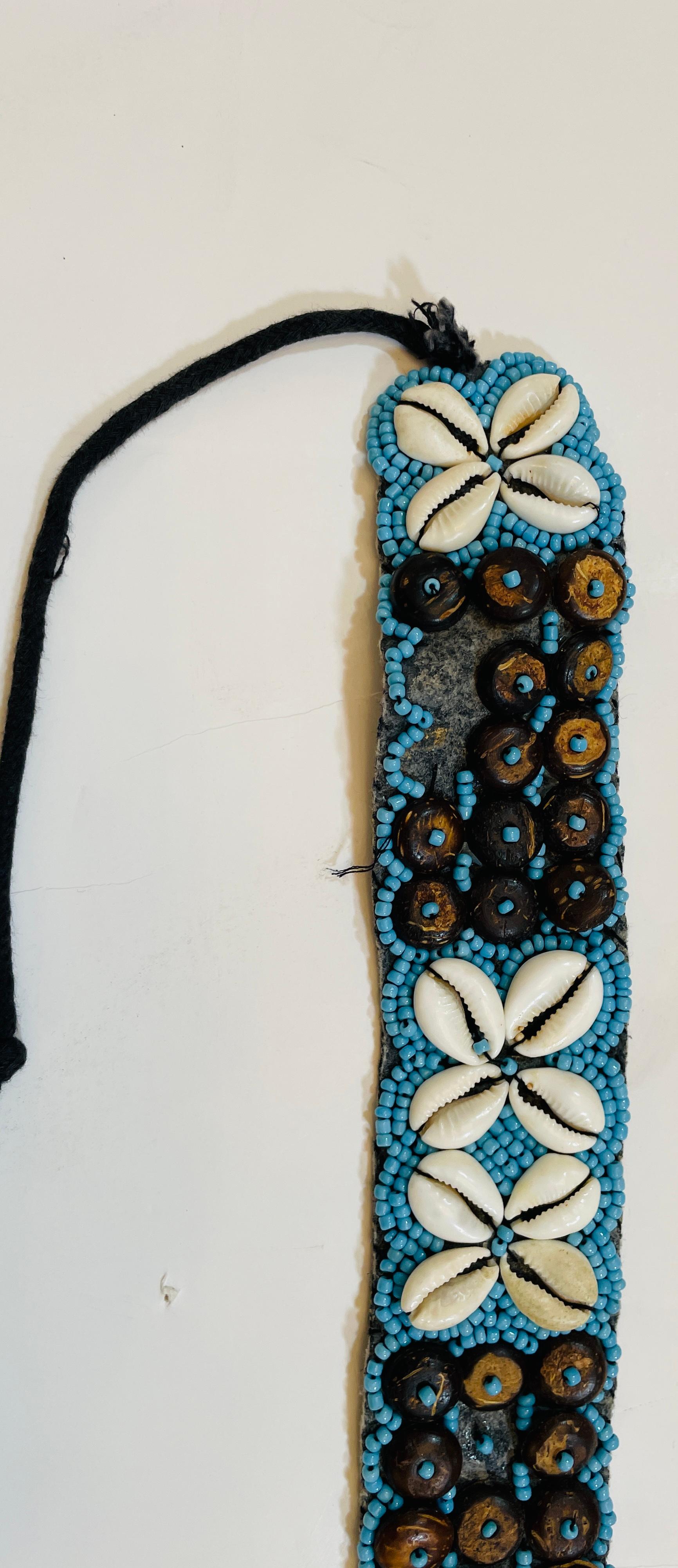 Vintage African Beaded Tie Waist Belt in Turquoise Seed Beads Cowries Sea Shell  In Good Condition For Sale In North Hollywood, CA