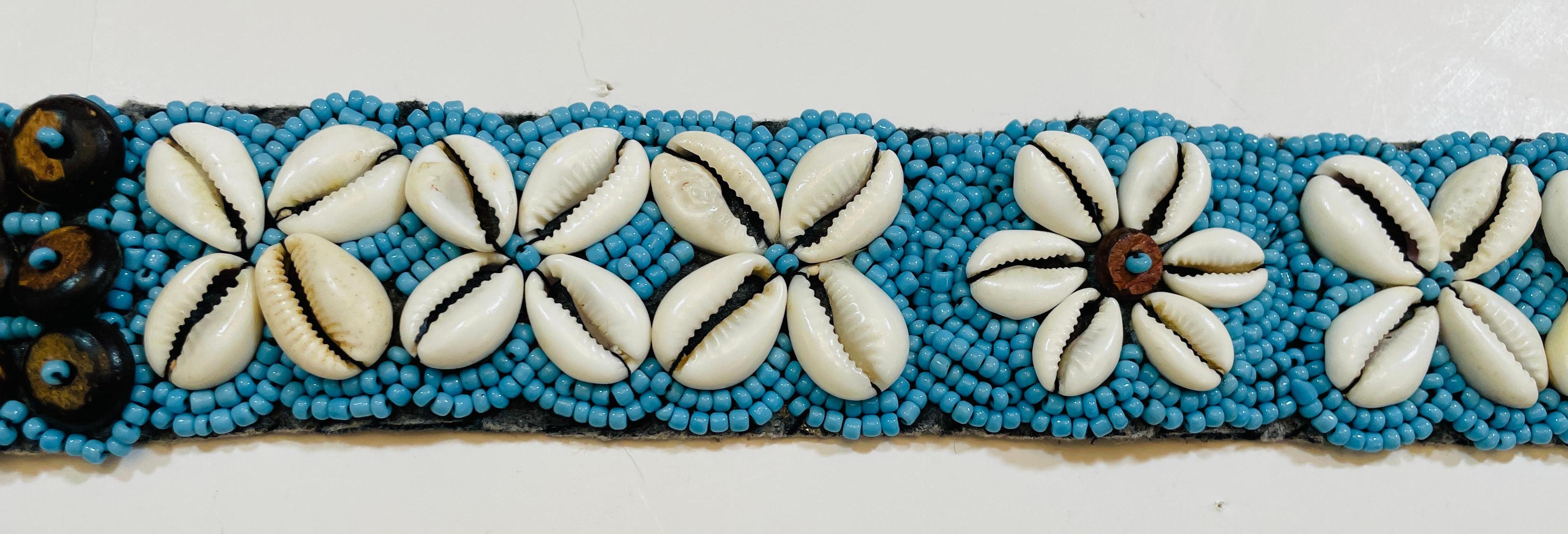 Women's or Men's Vintage African Beaded Tie Waist Belt in Turquoise Seed Beads Cowries Sea Shell For Sale
