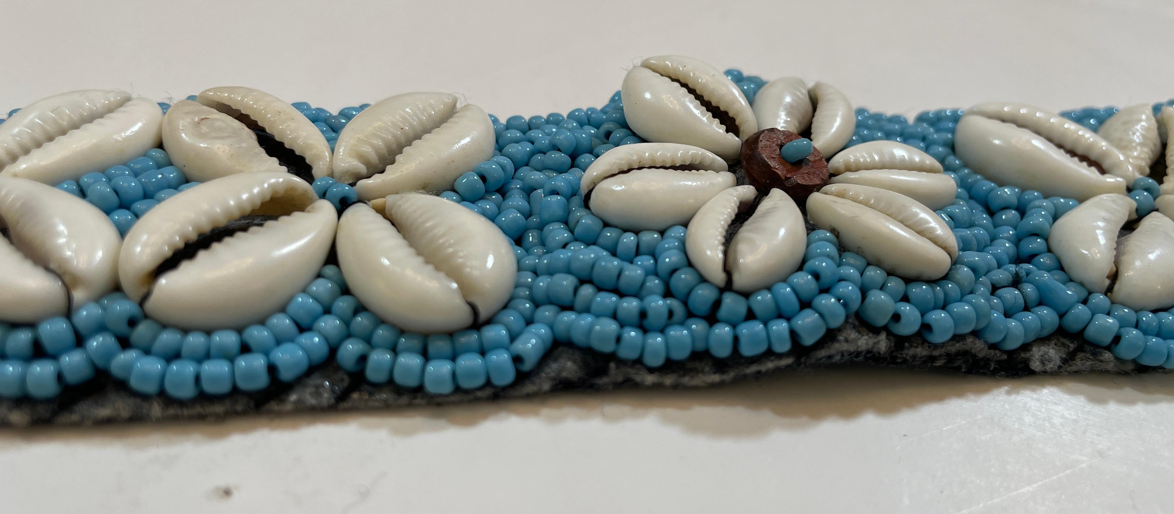 Vintage African Beaded Tie Waist Belt in Turquoise Seed Beads Cowries Sea Shell  For Sale 5