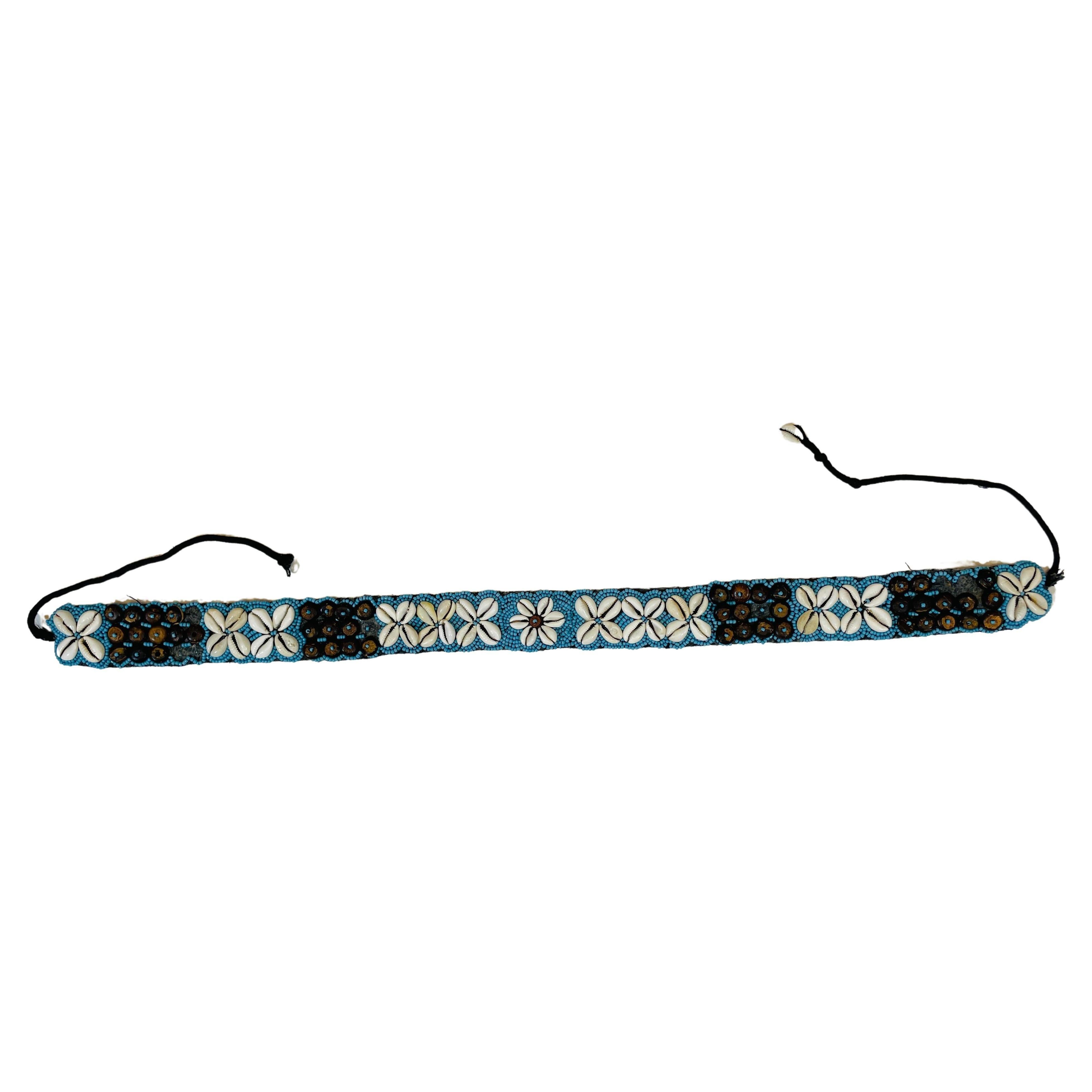 Vintage African Beaded Tie Waist Belt in Turquoise Seed Beads Cowries Sea Shell  For Sale