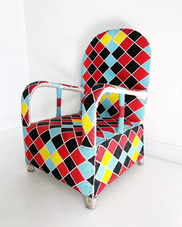 Vintage African Beaded Yoruba Chair, Multicolor, 2 Chairs Available For