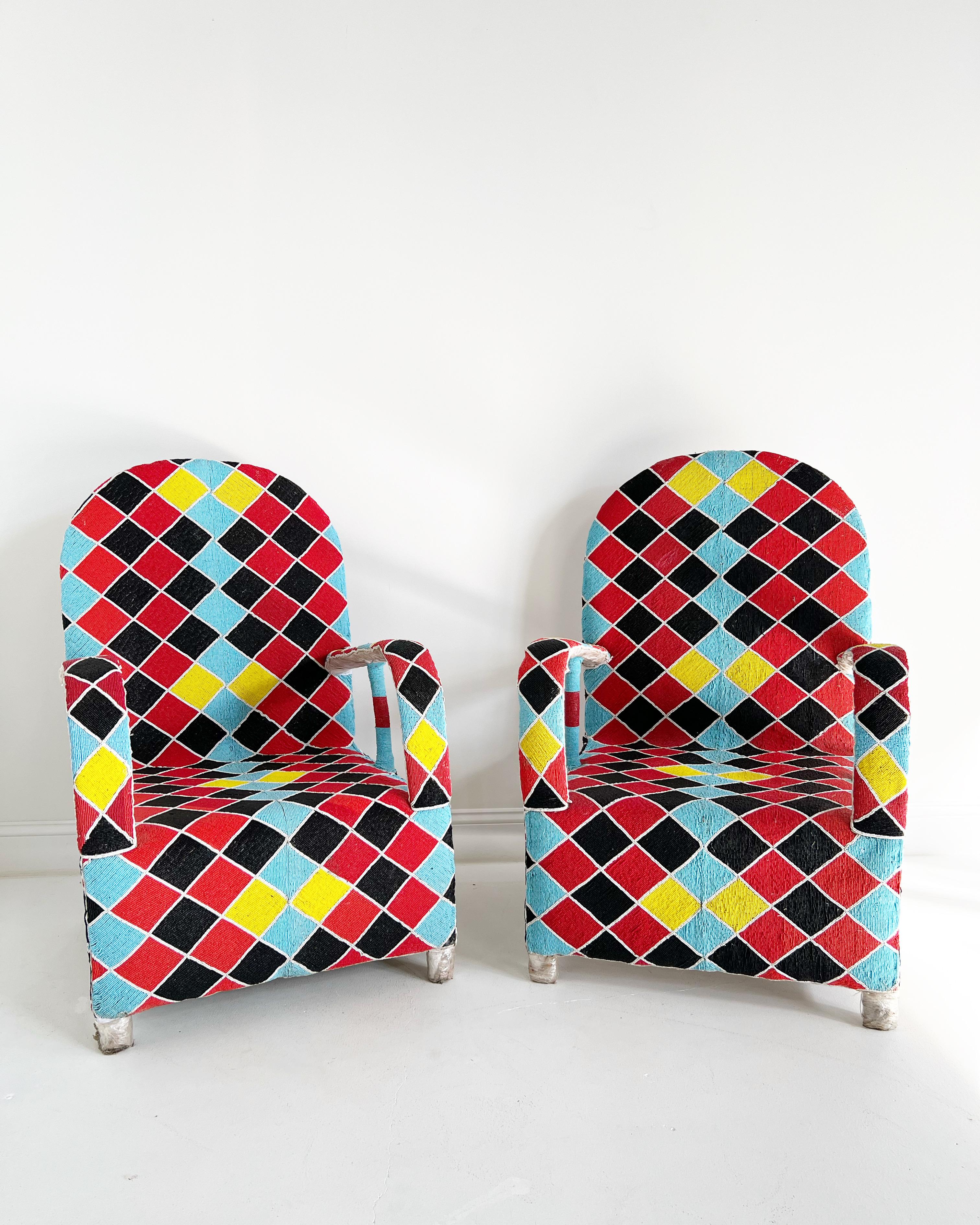 Nigerian Vintage African Beaded Yoruba Chair, Multicolor, 2 Chairs Available For Sale