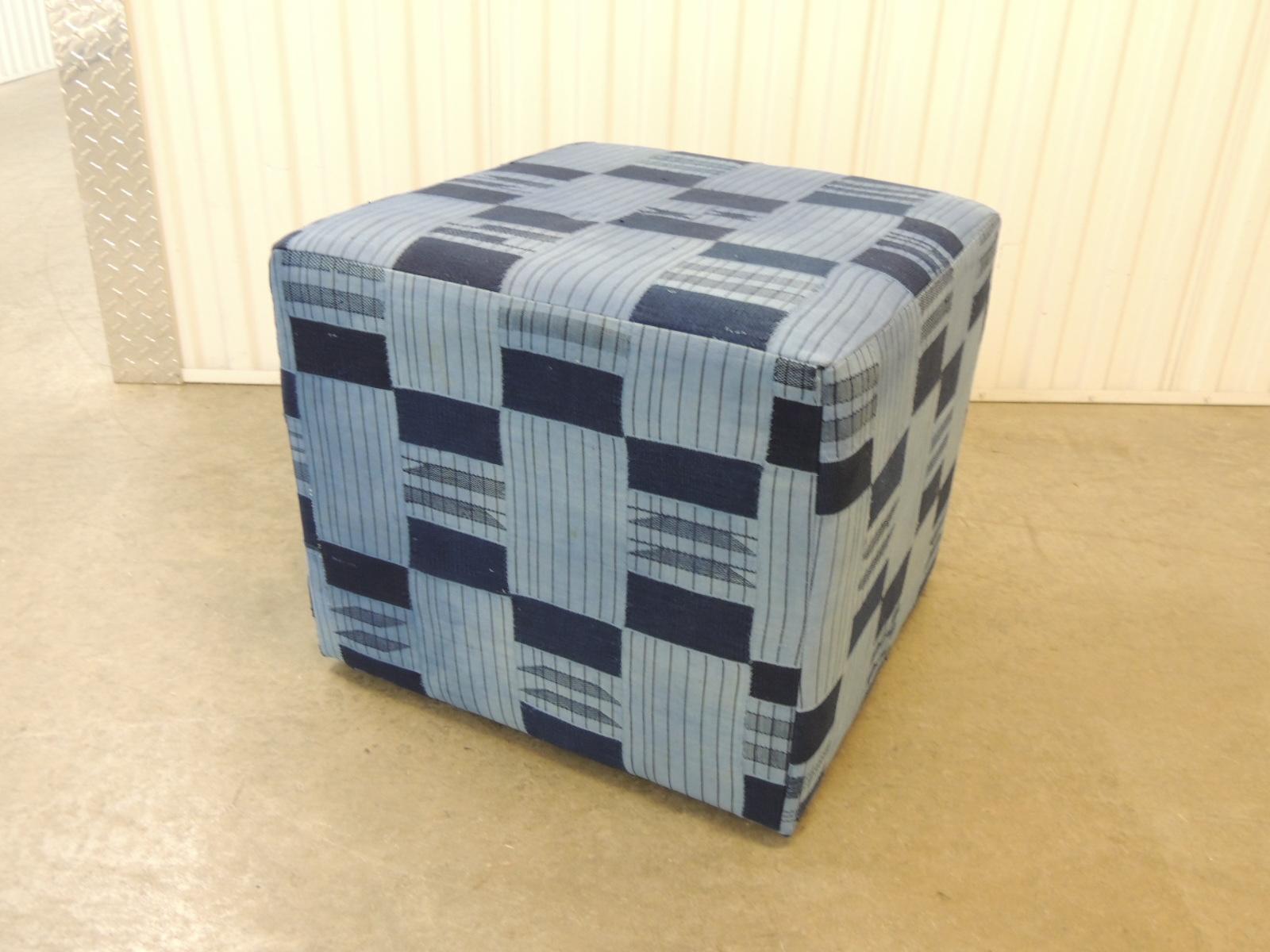 Hand-Crafted Vintage African Blue and Indigo Woven Textile Unique Custom Ottoman