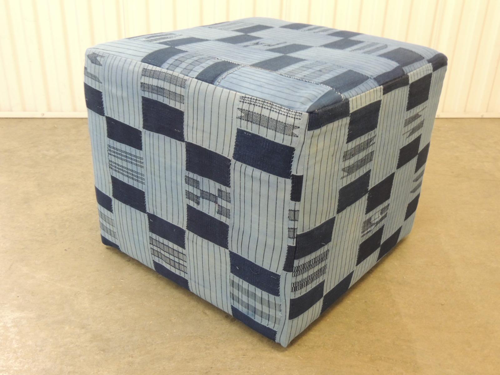 Hand-Crafted Vintage African Blue and Indigo Woven Textile Unique Custom Ottoman