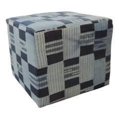 Vintage African Blue and Indigo Woven Textile Unique Custom Ottoman