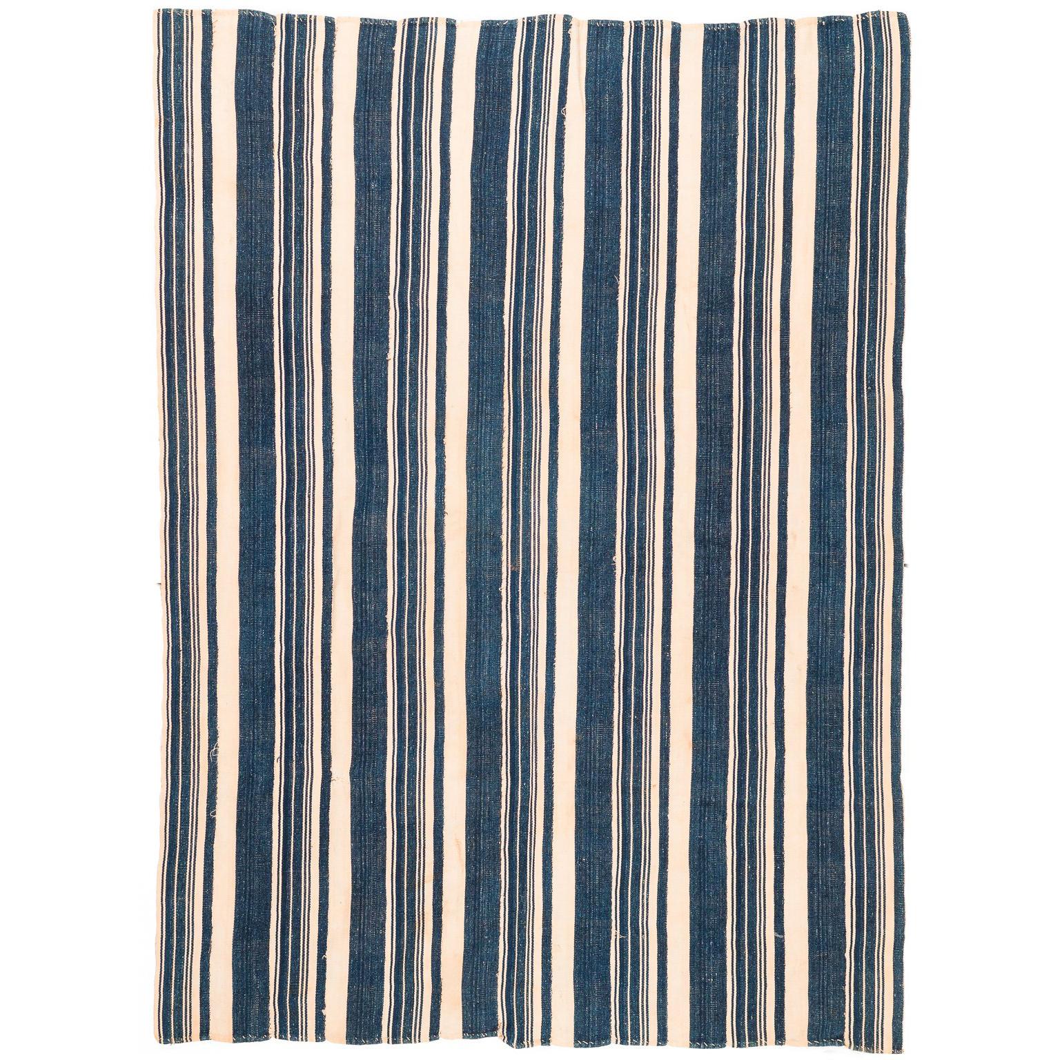 Vintage African Blue and White Striped Indigo Cotton Wrap For Sale