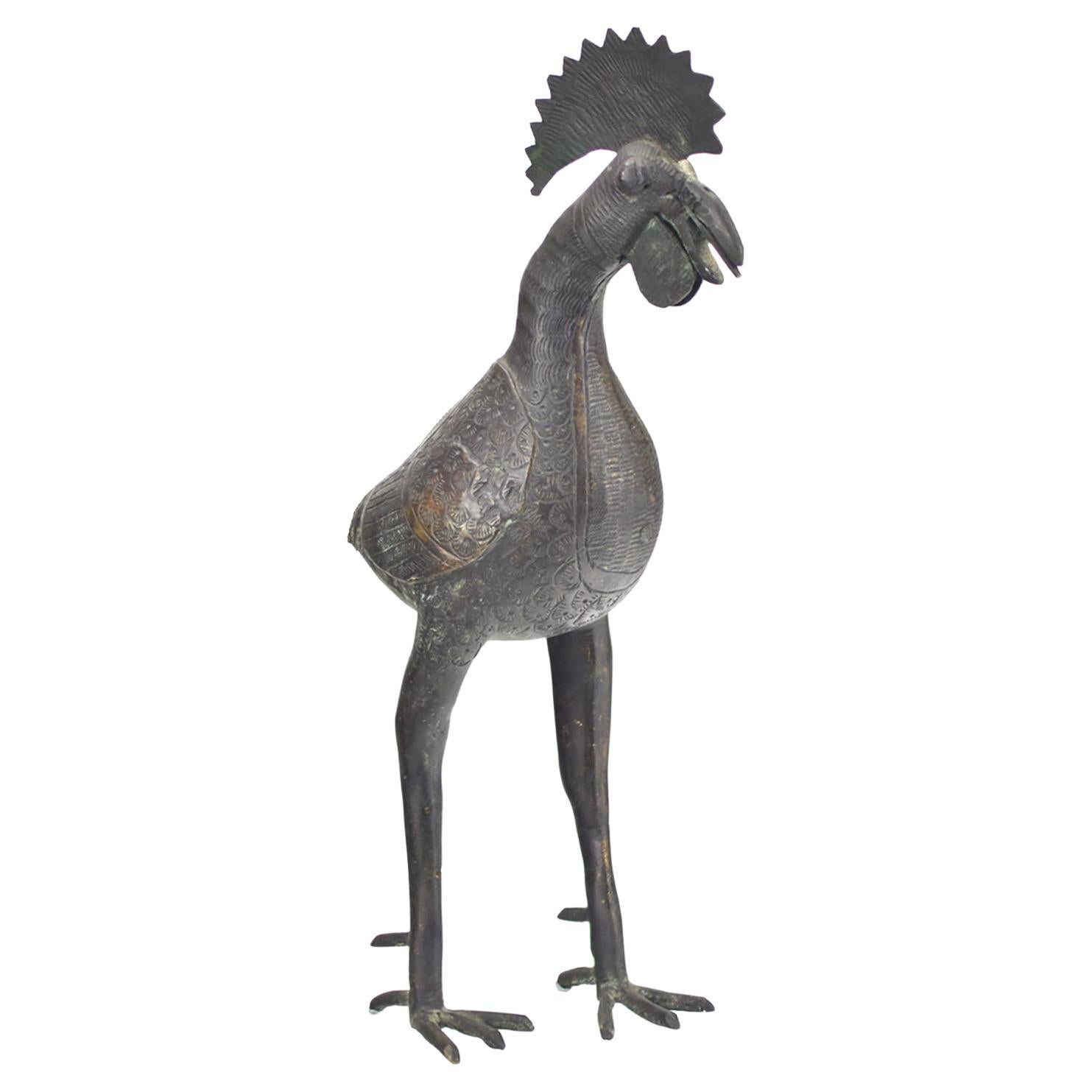 Figurilla africana vintage de bronce con forma de gallo Ife Benin Nigeria Arte popular primitivo