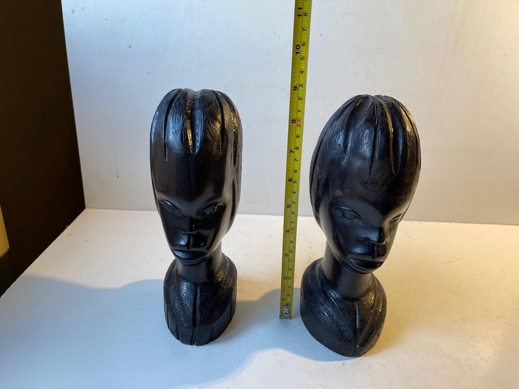 Vintage African Carved Bust's or Bookends Girl & Boy in Ebony, 1970s For Sale 5