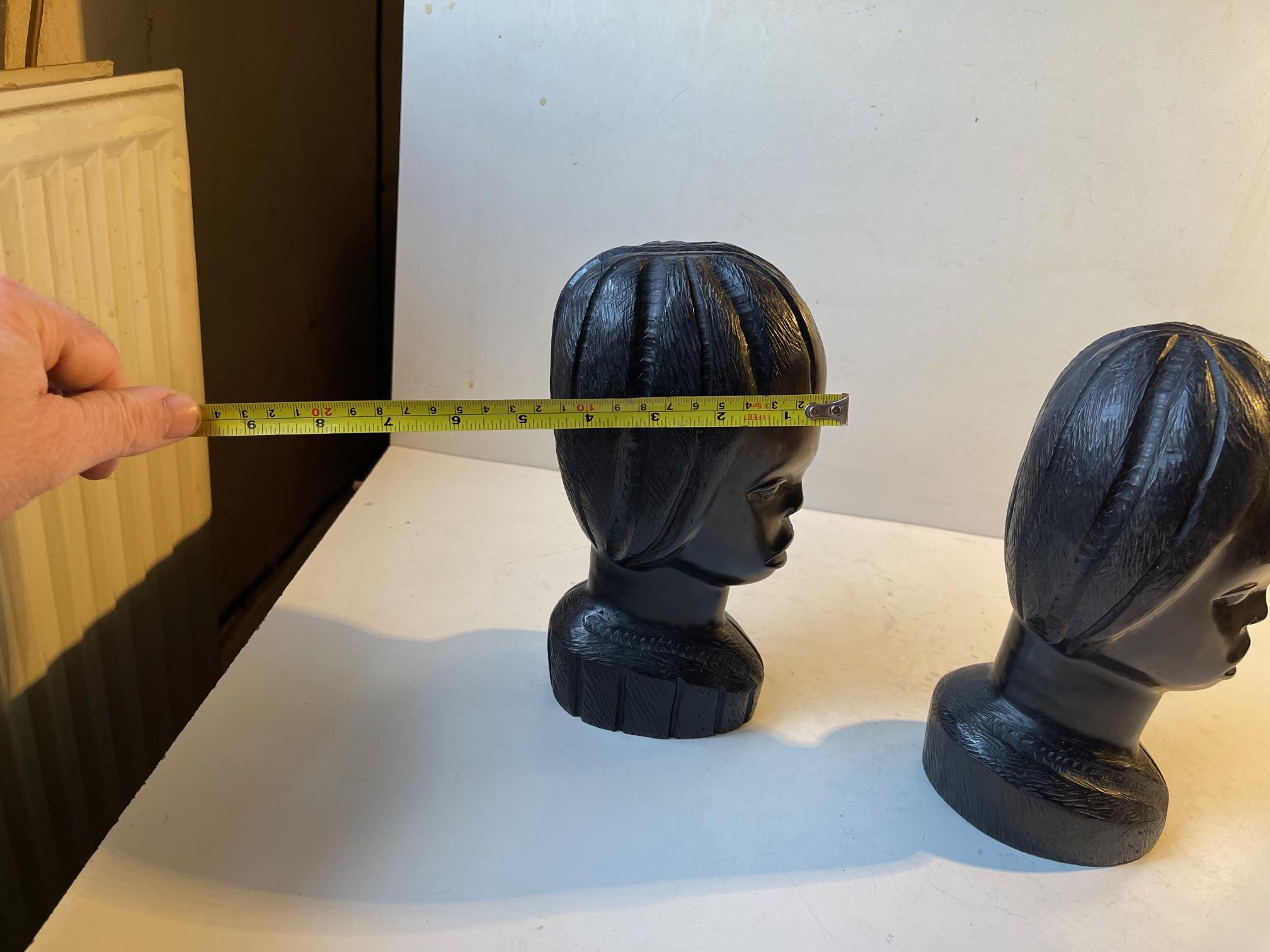 Vintage African Carved Bust's or Bookends Girl & Boy in Ebony, 1970s For Sale 6