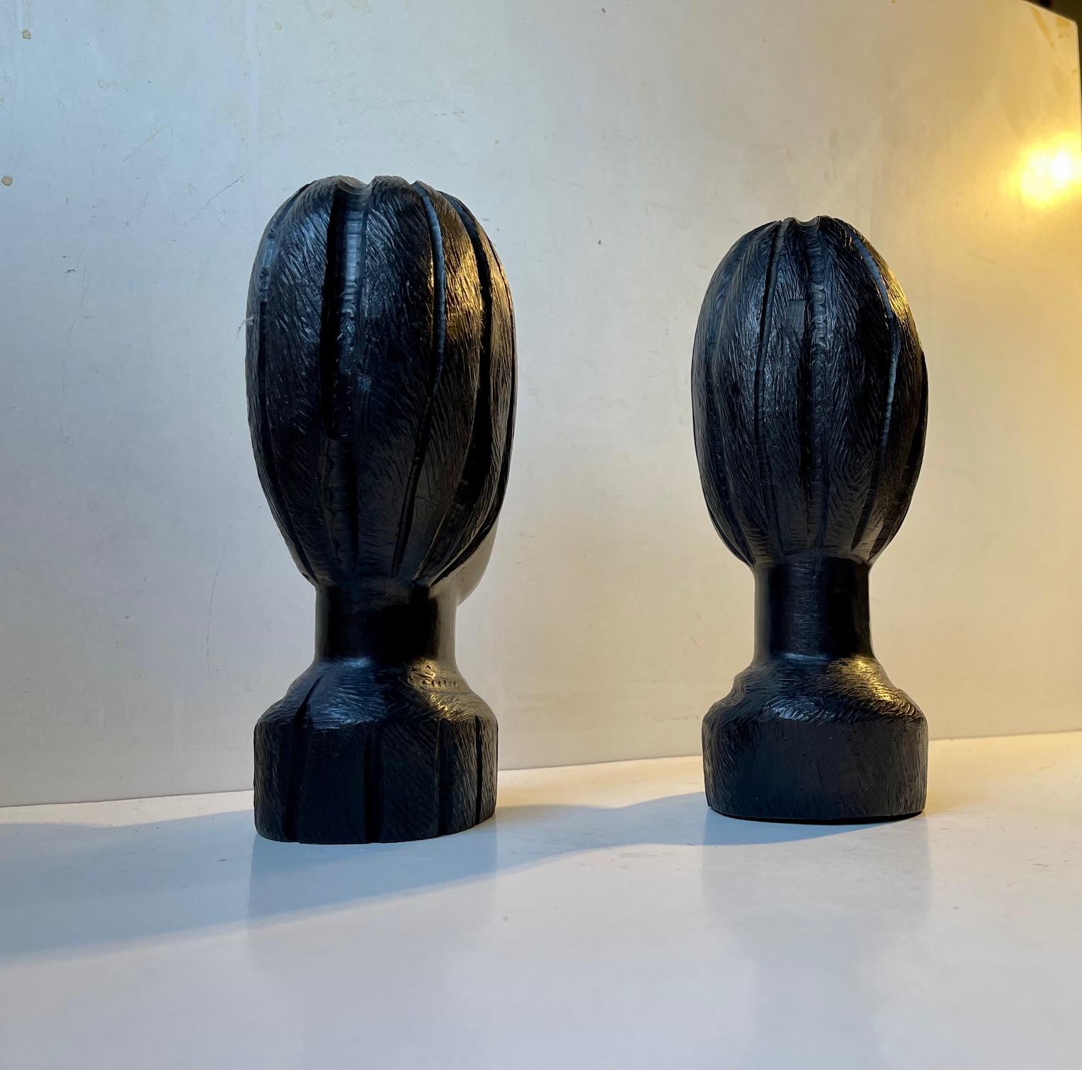 Hand-Carved Vintage African Carved Bust's or Bookends Girl & Boy in Ebony, 1970s For Sale