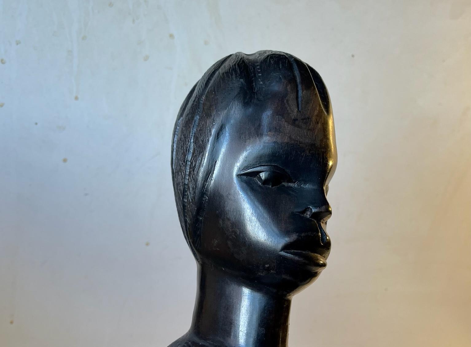Vintage African Carved Bust's or Bookends Girl & Boy in Ebony, 1970s For Sale 1