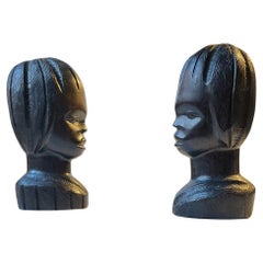 Vintage African Carved Bust's Girl & Boy in Ebony, 1970s