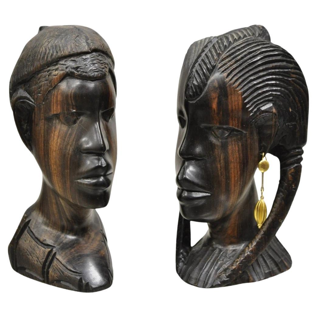 Vintage African Carved Ebony Wood 7" Male and Female Bust Statue Sculpture