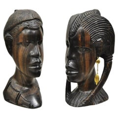 Vintage African Carved Ebony Wood 7" Male and Female Bust Statue Sculpture