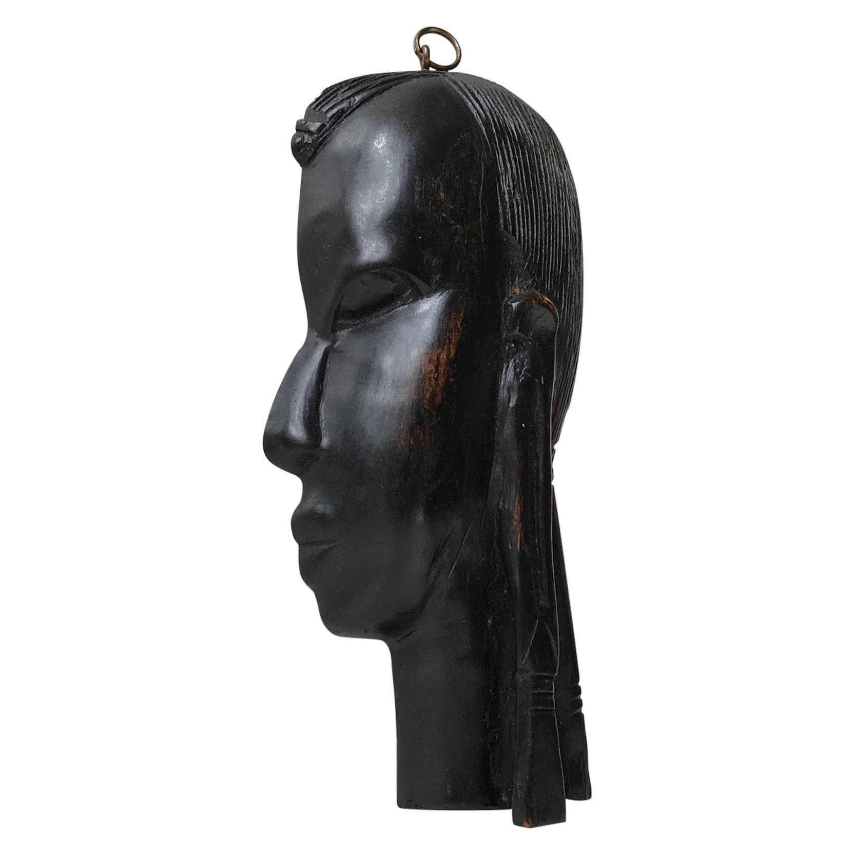 Vintage African Face Wall Plaque in Ebony, 1960s For Sale