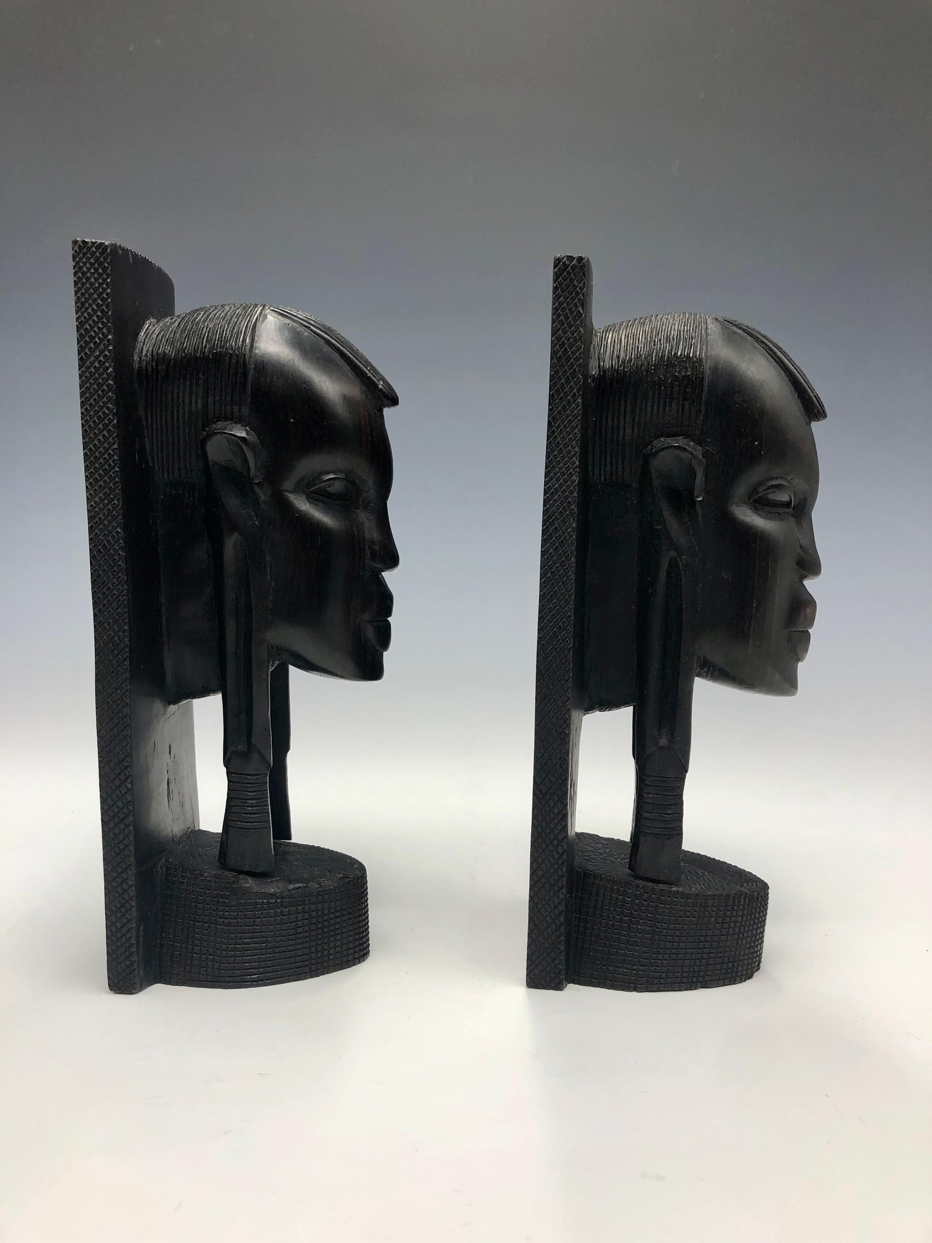 Tribal Vintage African Figurative Carved Ebony Bust Bookends For Sale
