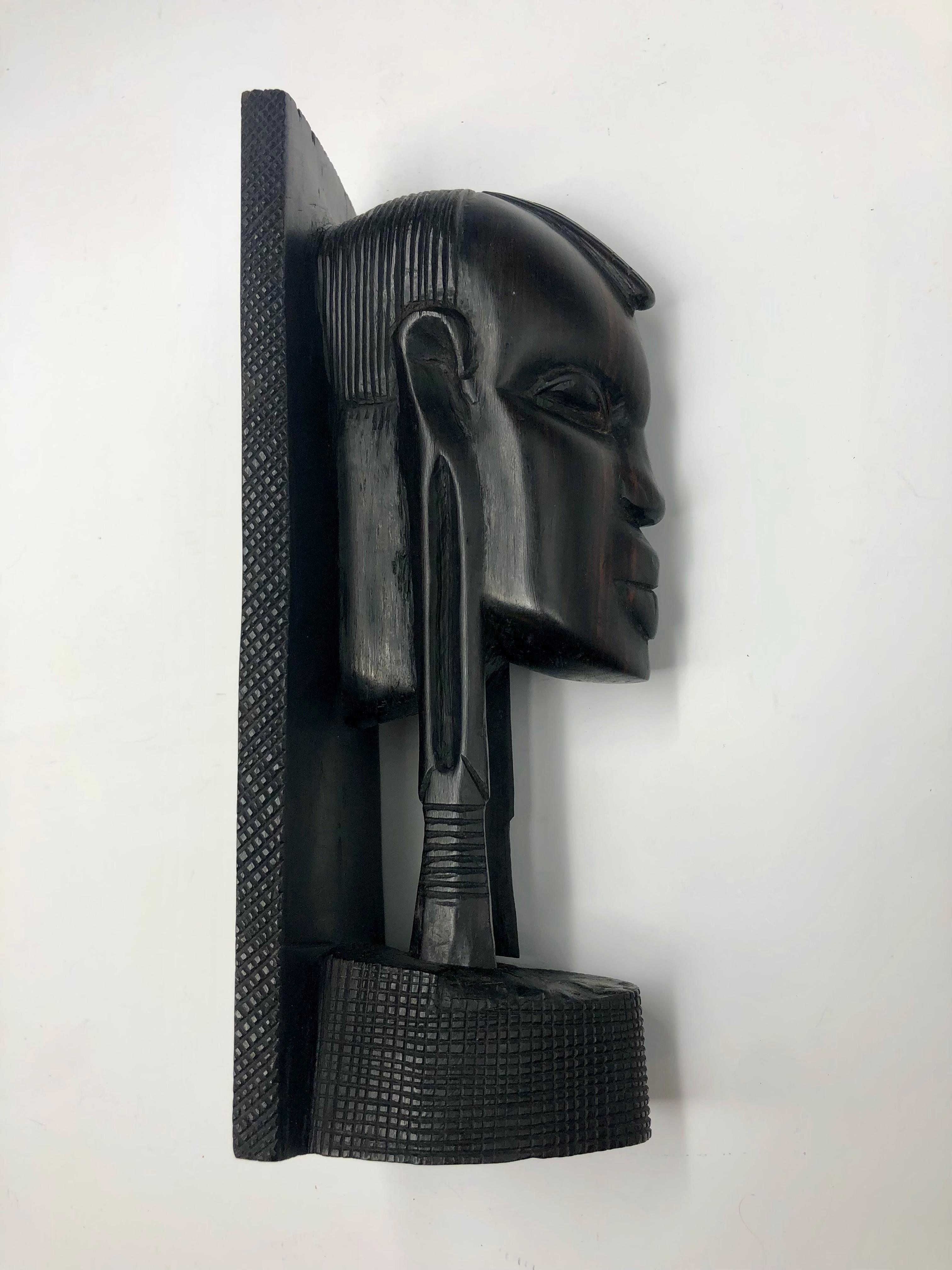 20th Century Vintage African Figurative Carved Ebony Bust Bookends For Sale