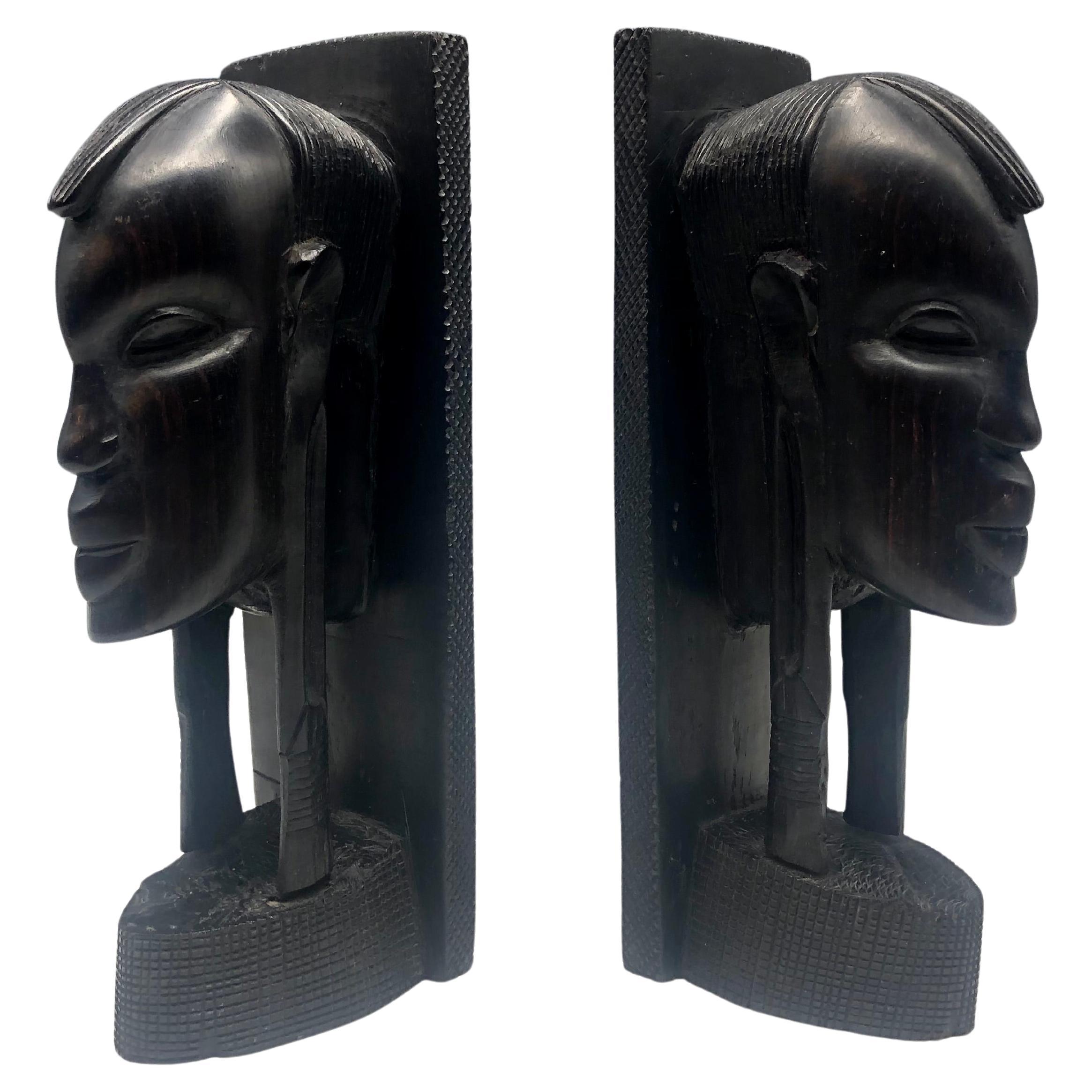 Vintage African Figurative Carved Ebony Bust Bookends